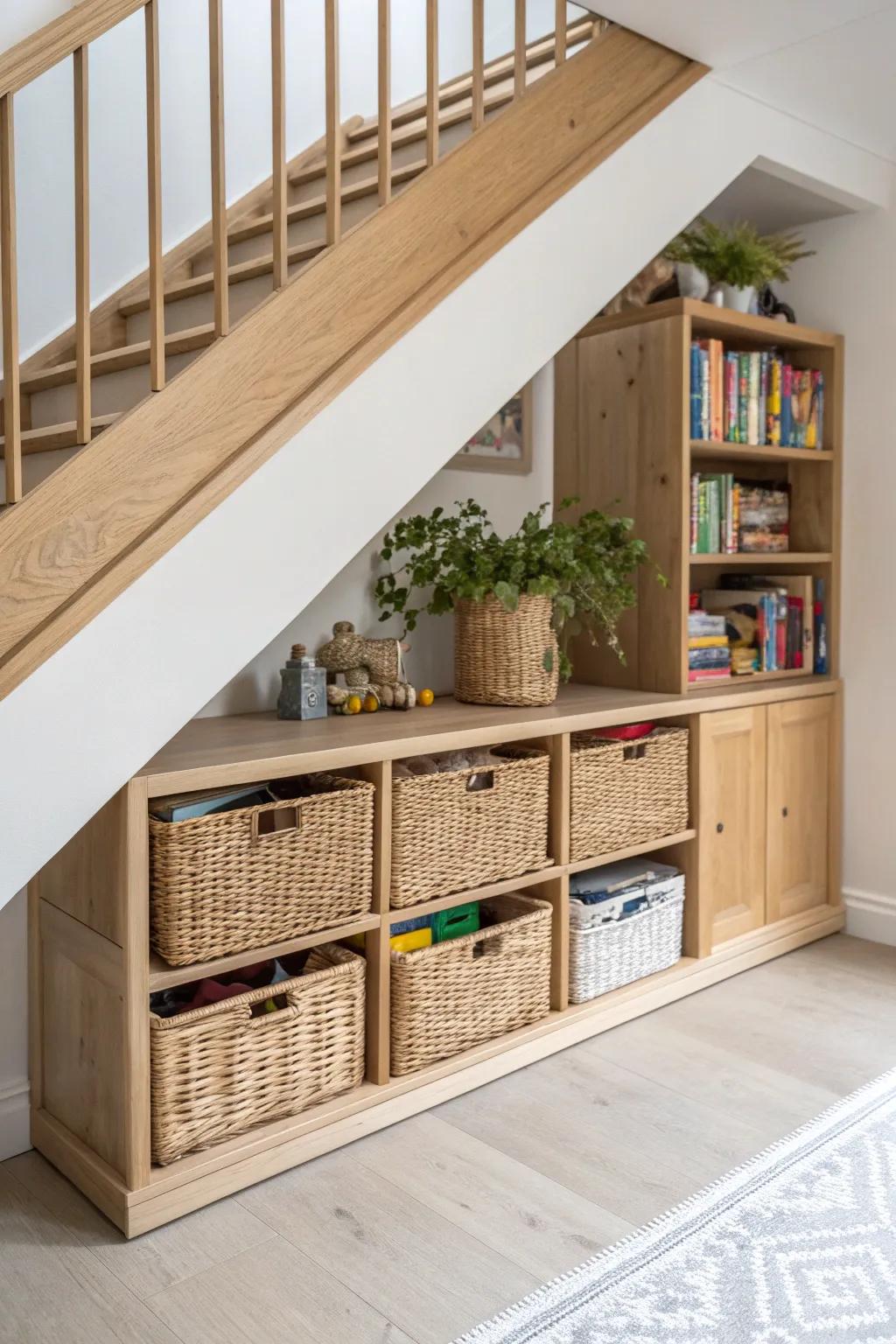 Maximize your space with elegant under-stair toy storage that blends Scandinavian simplicity with Boho charm.