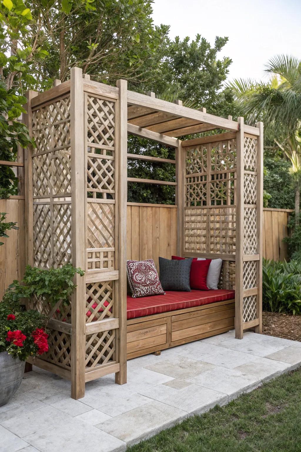Create your serene garden retreat with a chic lattice privacy screen and cozy built-in seating.
