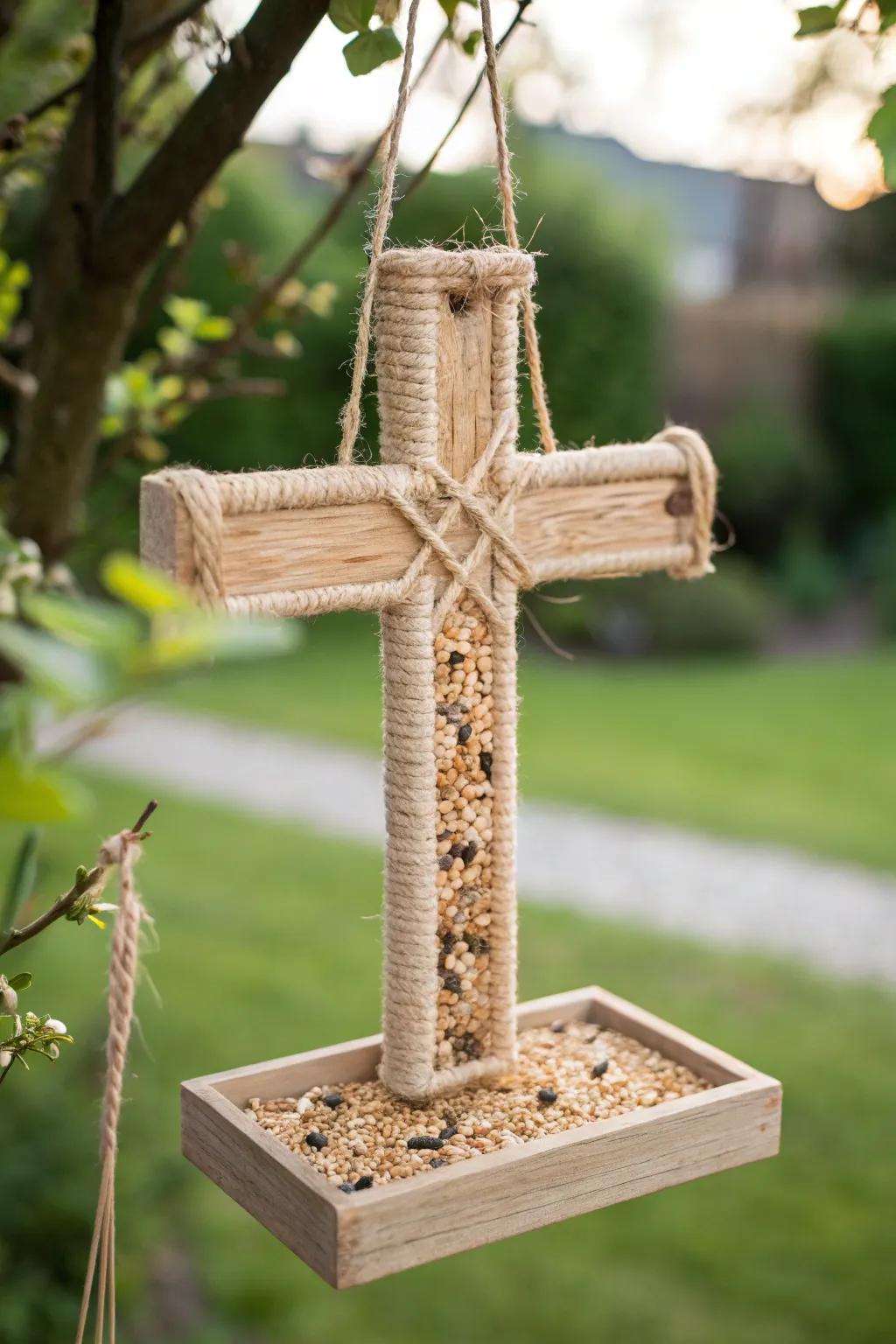 Embrace the beauty of nature and renewal with this elegant cross-shaped bird feeder, perfect for a serene Sunday school craft.
