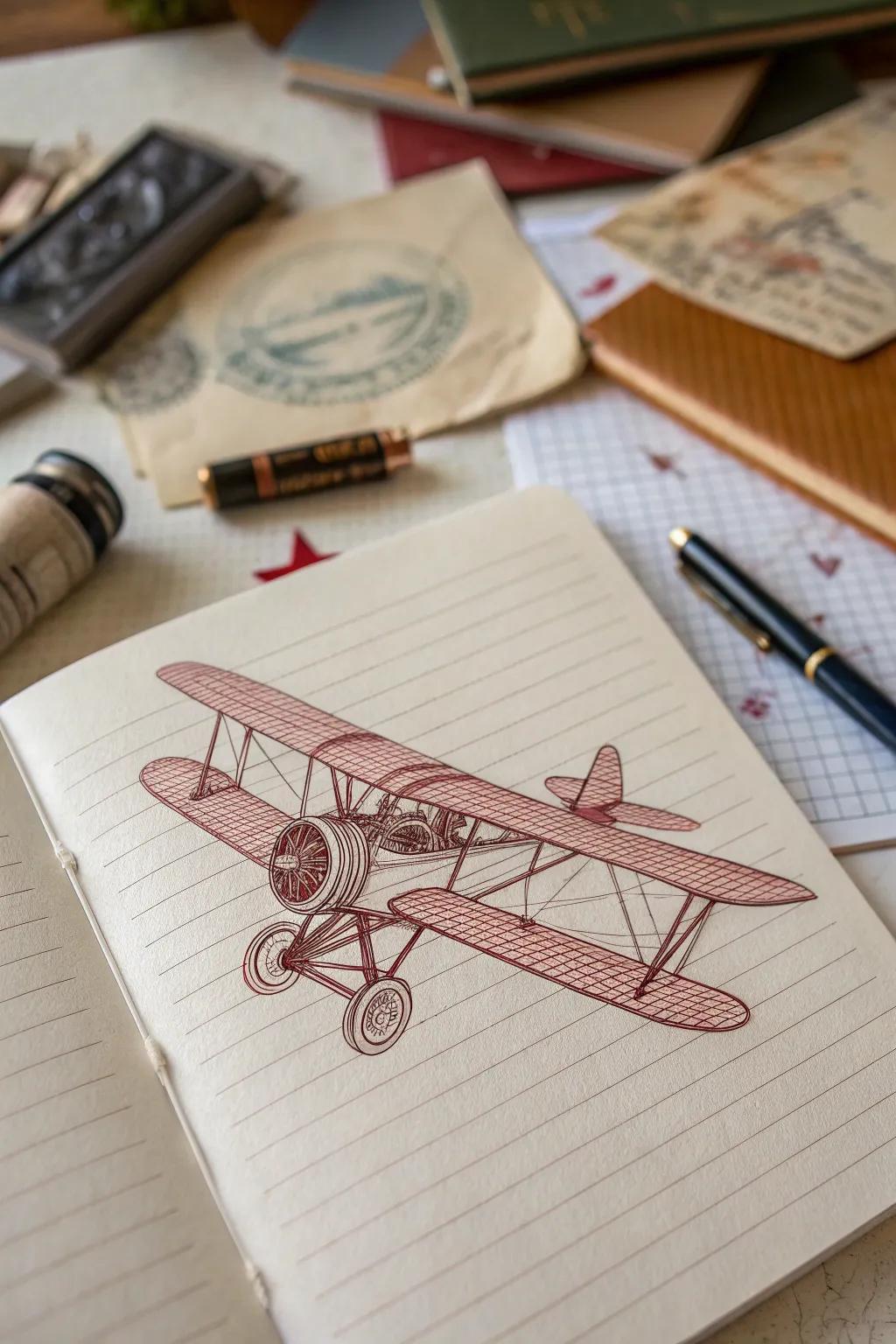 Soar into nostalgia with a vintage airplane sketch that captures the elegance of early aviation on minimalist lined paper.