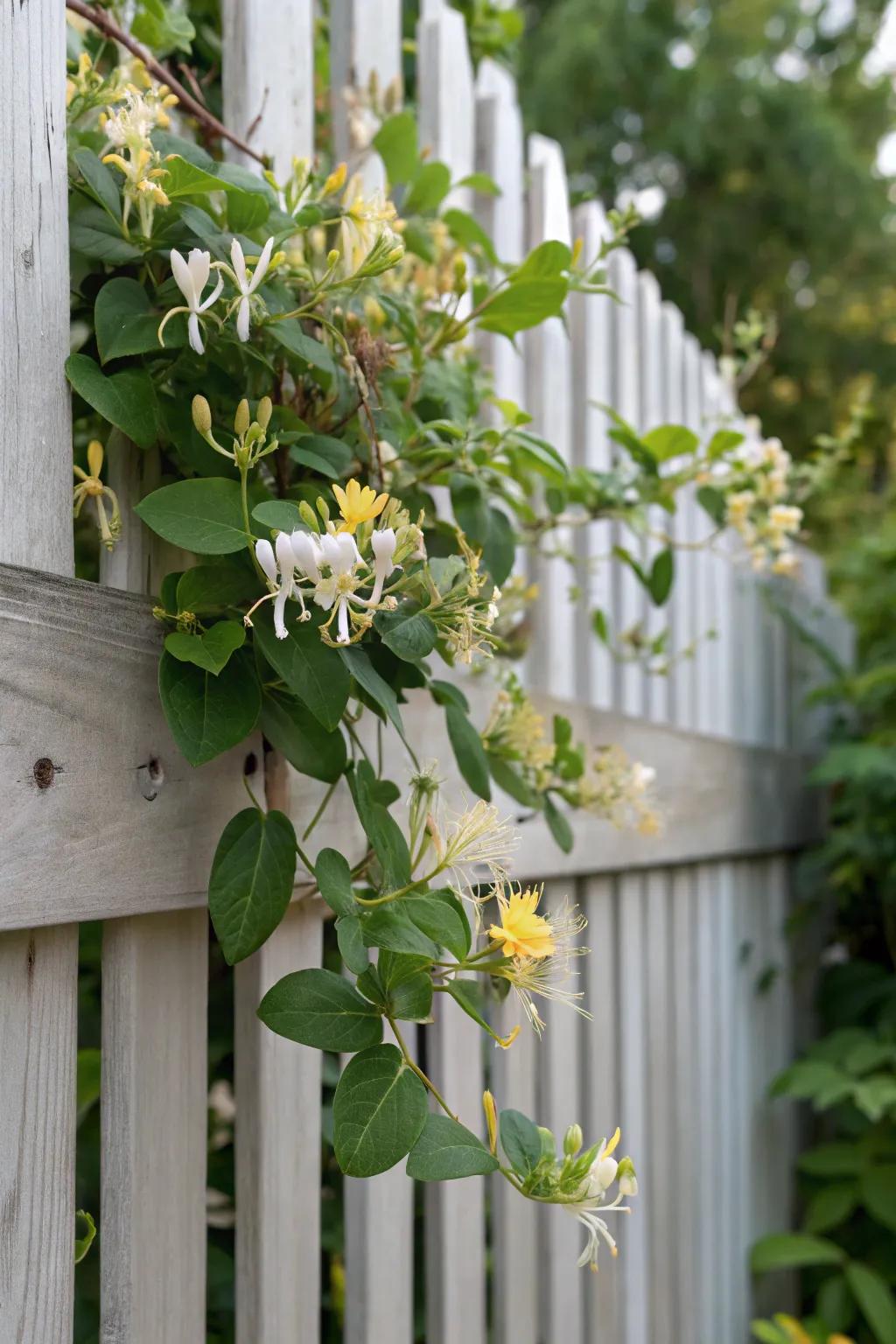 Embrace nature's fragrance with a honeysuckle-adorned fence, a perfect blend of minimalist elegance and boho charm.
