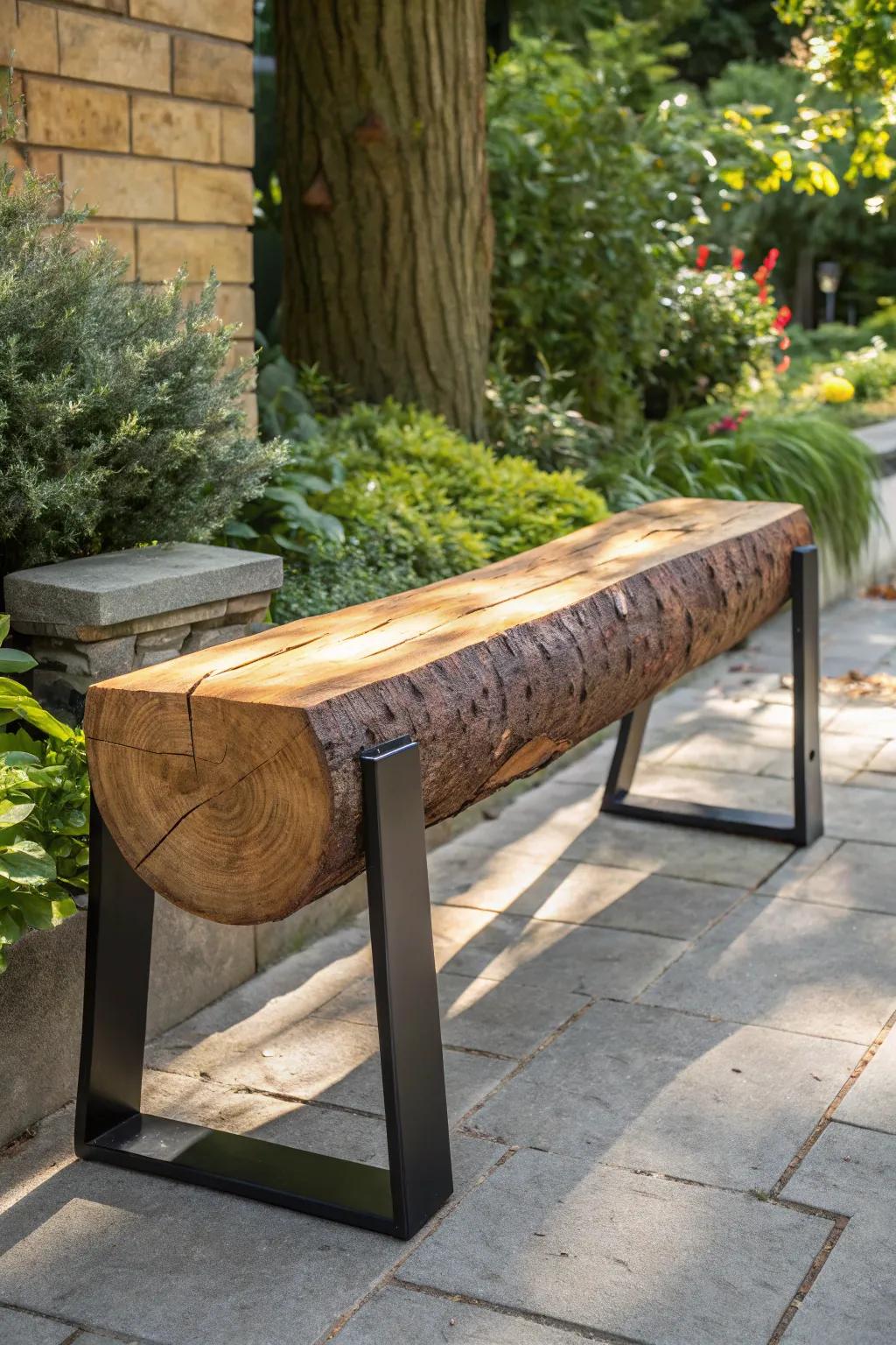 Elevate your outdoor space with a log bench that marries rustic charm and modern elegance.
