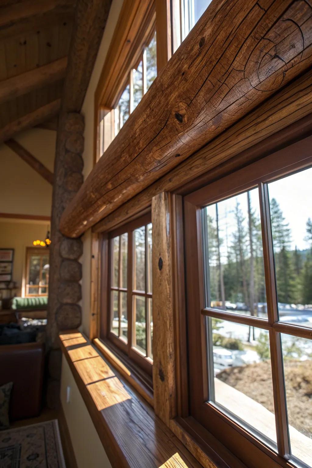 Elevate your space with the timeless elegance of handcrafted log window beams.