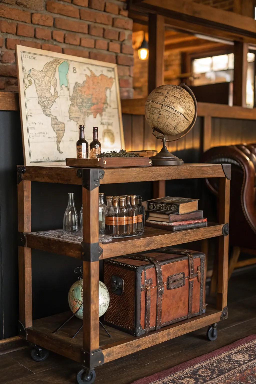 Transform your man cave with a touch of vintage travel charm – where every drink feels like a journey.