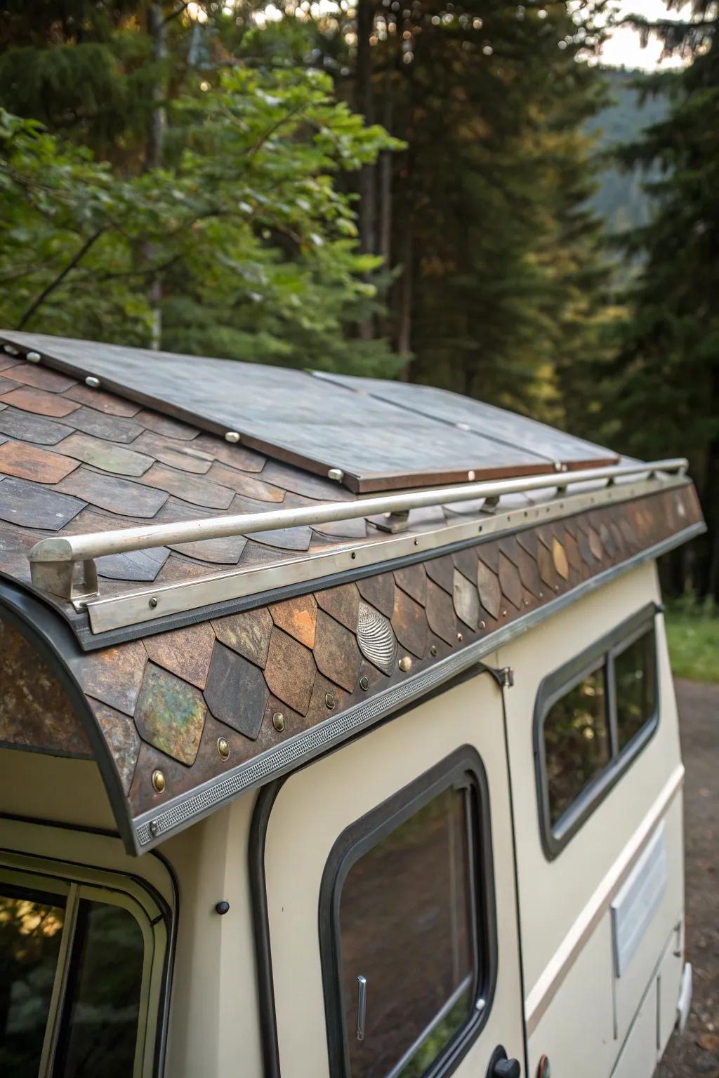 Transform your camper with a unique, eco-friendly metal roof crafted from recycled materials.