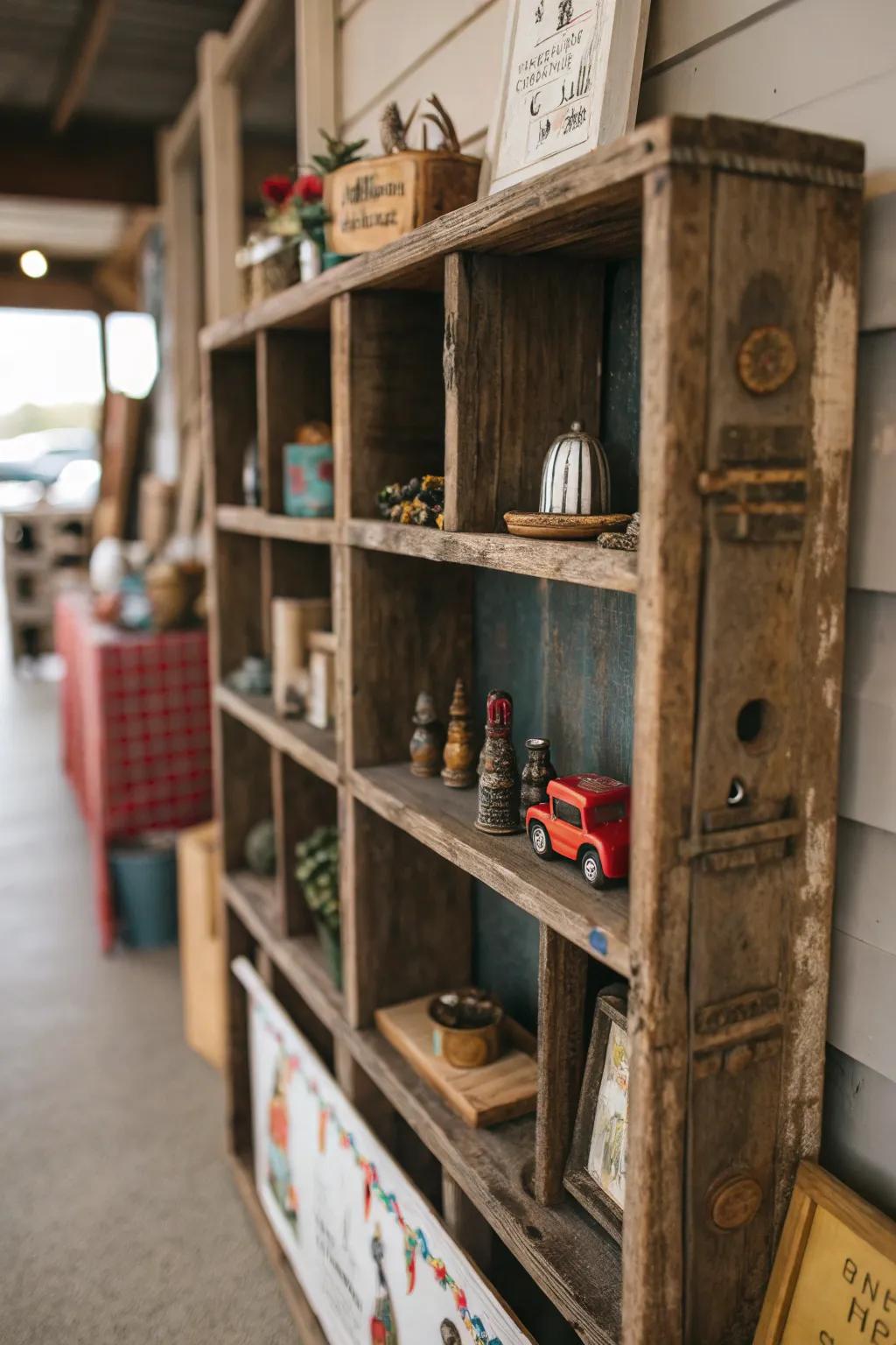Reclaimed wood displays combine sustainability with style.
