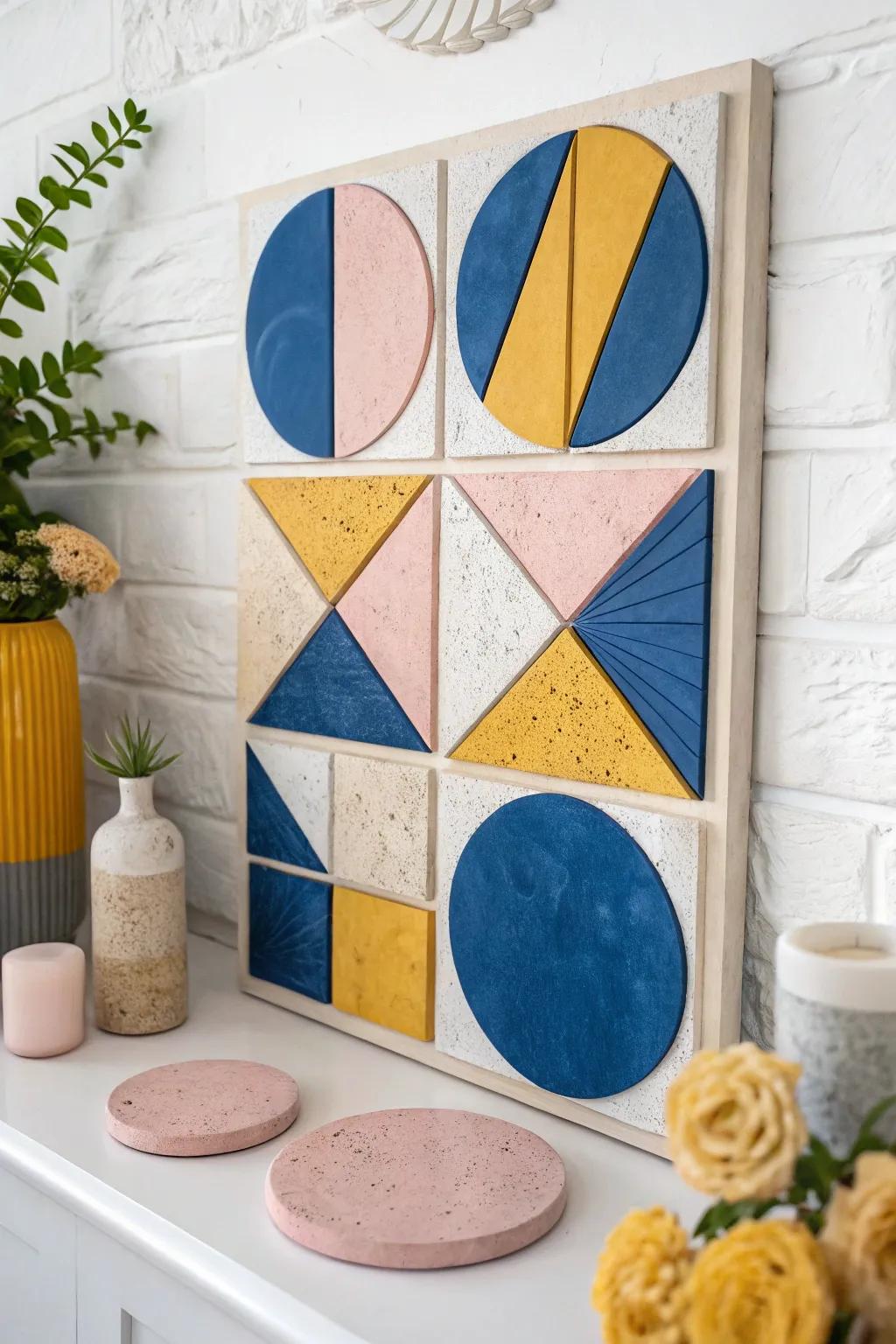 Dive into the world of geometric elegance with this striking mixed media masterpiece.