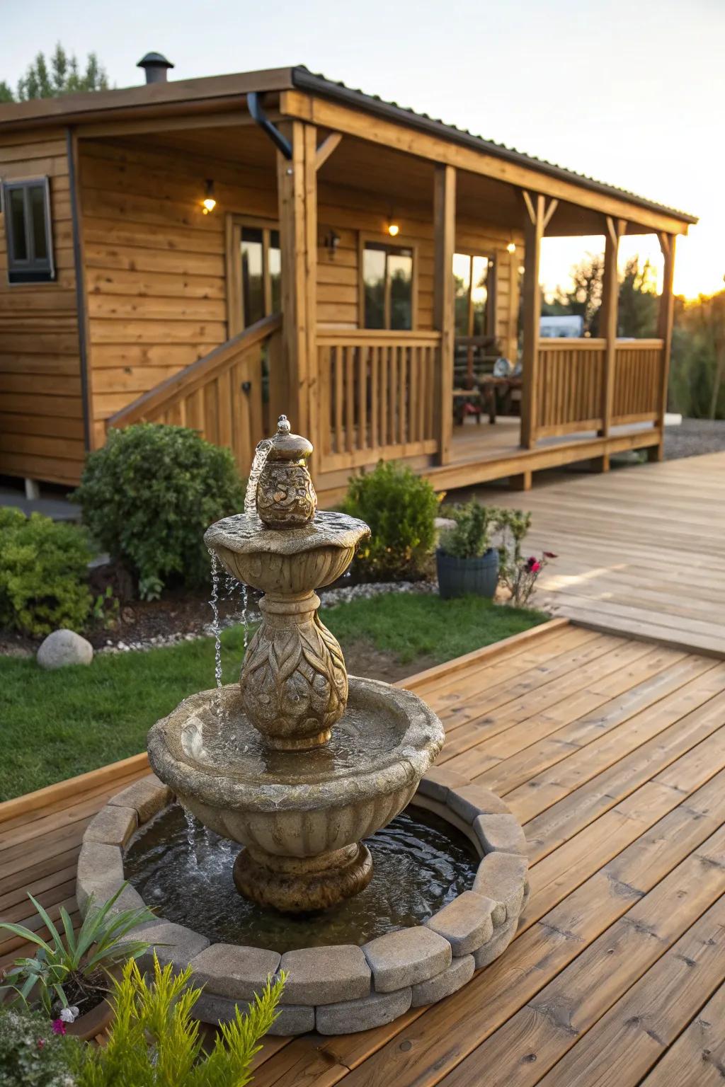 Enhance your mobile home deck with a handcrafted water feature for a touch of tranquility and artisanal charm.