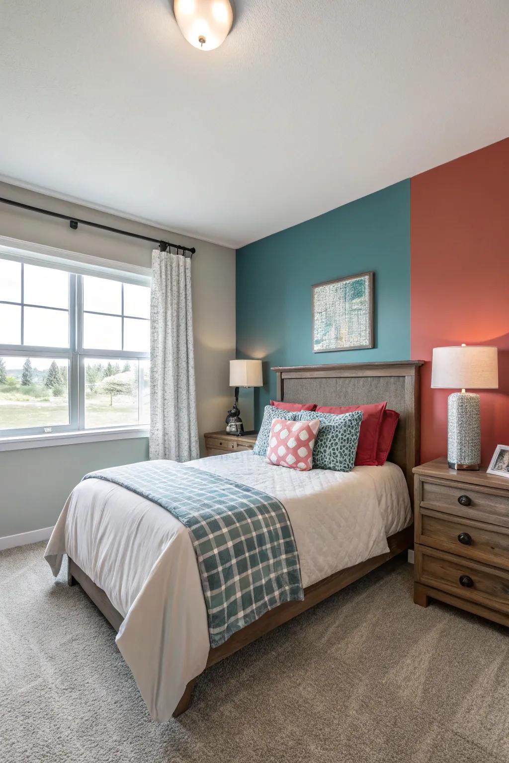 A bold accent wall adds creativity to this guest bedroom.