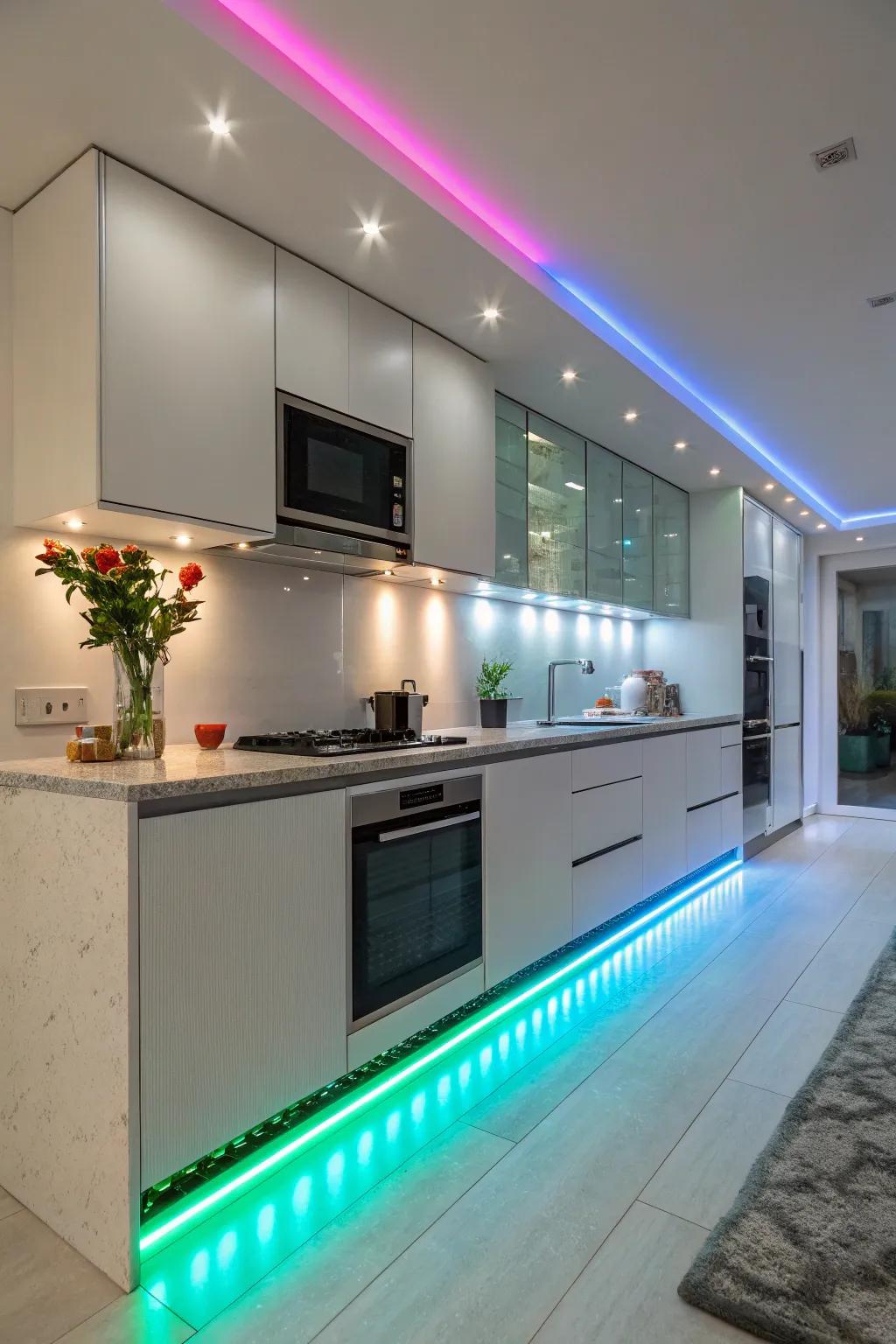 Colorful LED strips bringing vibrancy to a modern kitchen