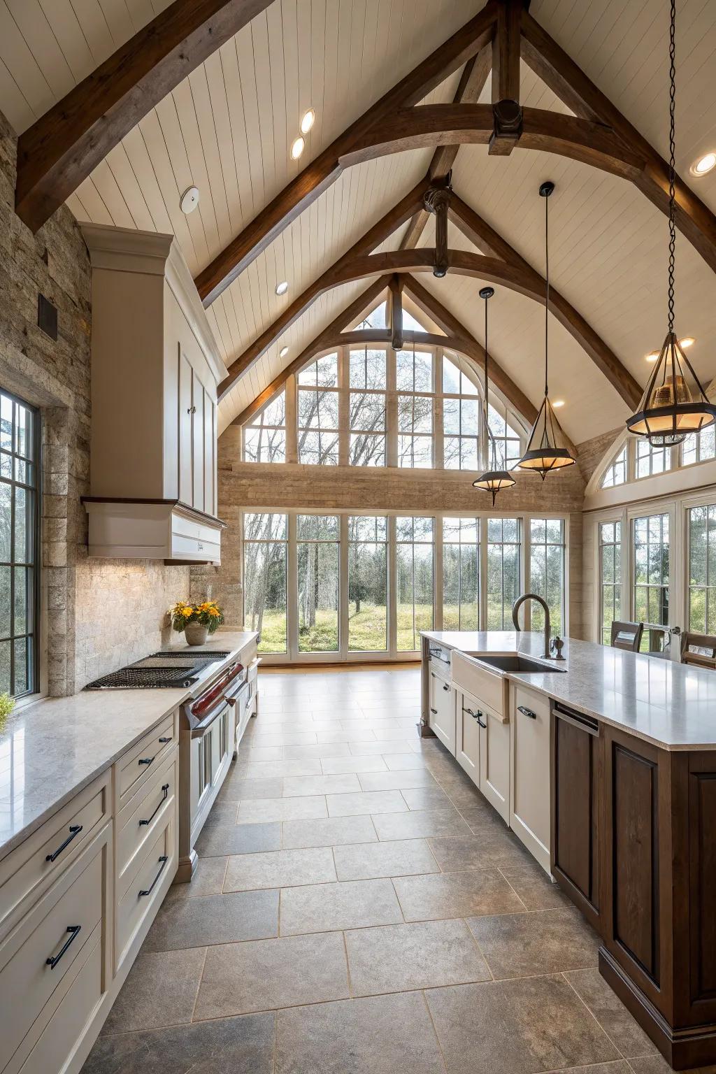 A kitchen elevated by the addition of vaulted ceilings.