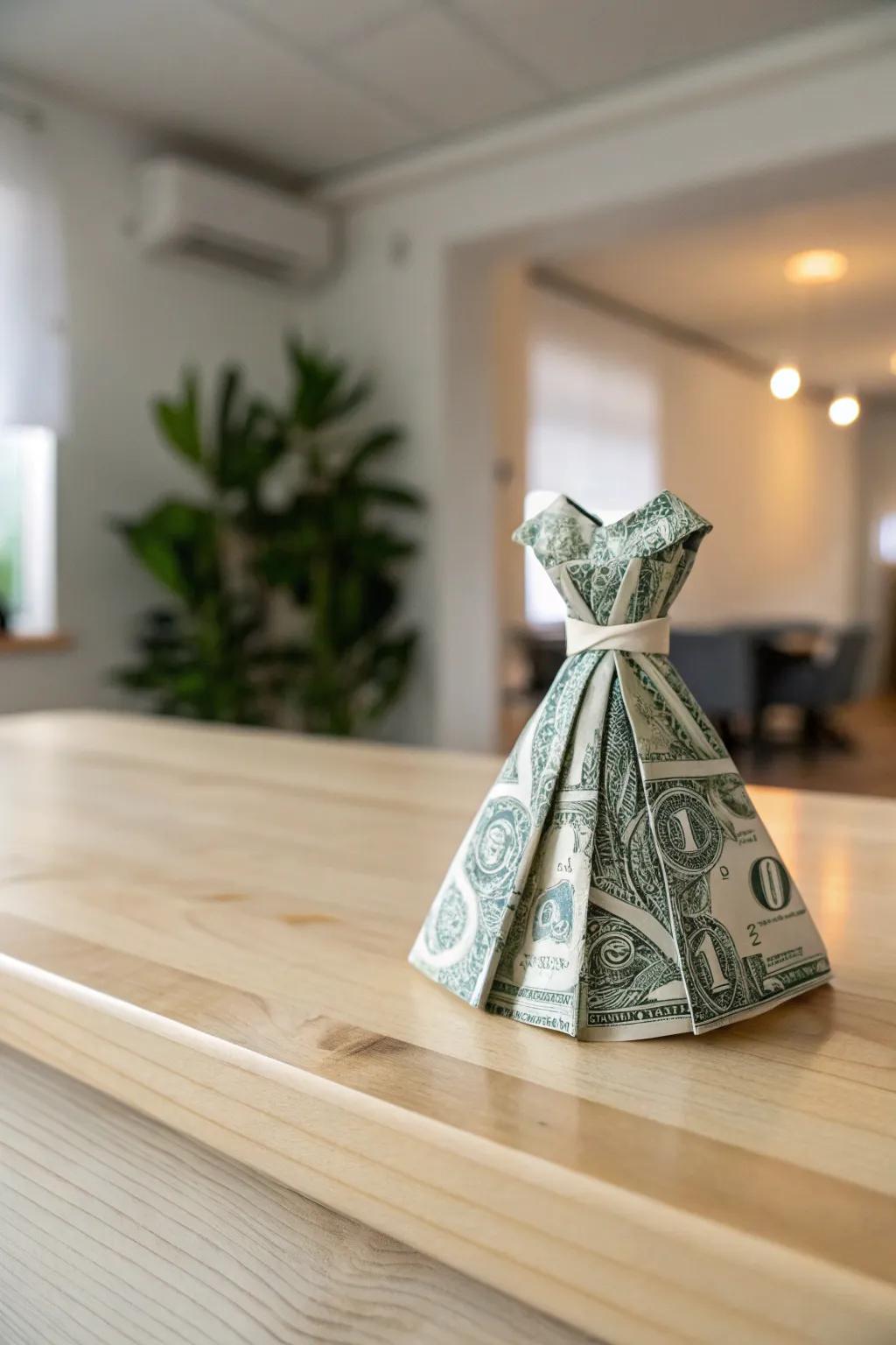 Transform currency into couture with this chic dollar dress origami, perfect for fashion lovers and elegant displays.
