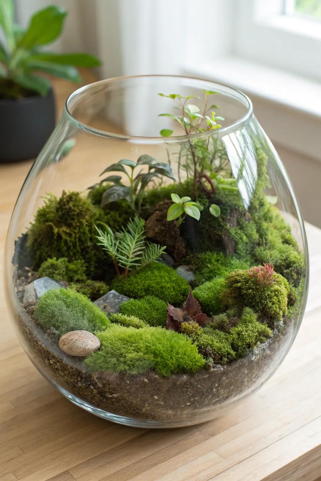 Discover the art of layering with moss to create your own serene oasis. #MossTerrarium #ScandiBoho