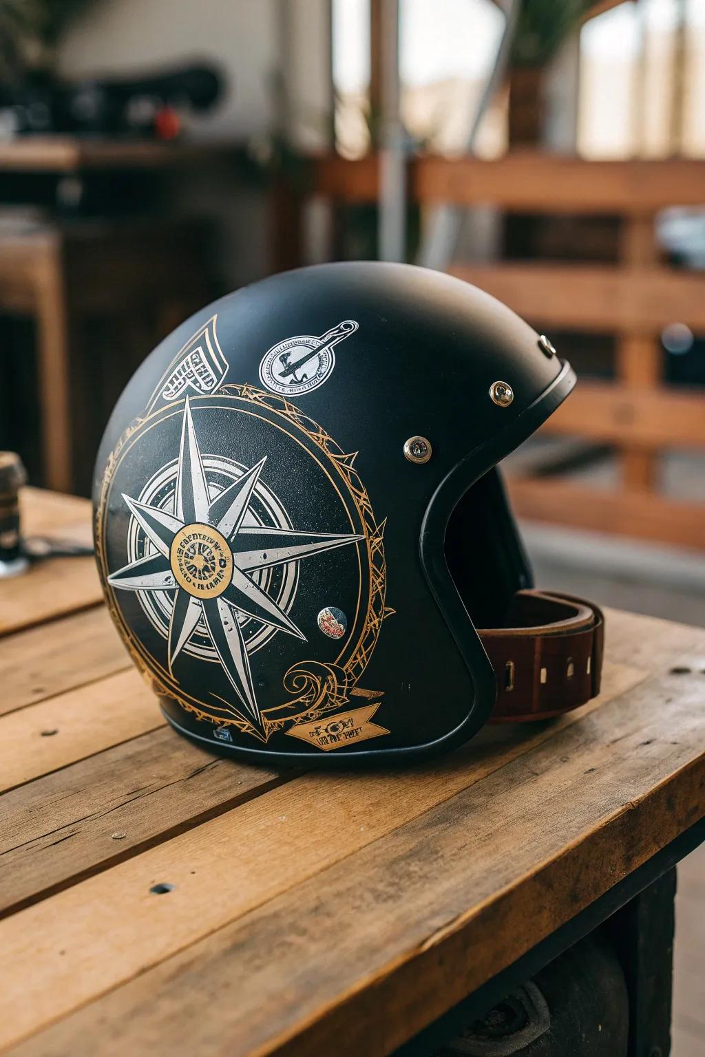 Navigate your adventures with a personalized compass emblem on your helmet.
