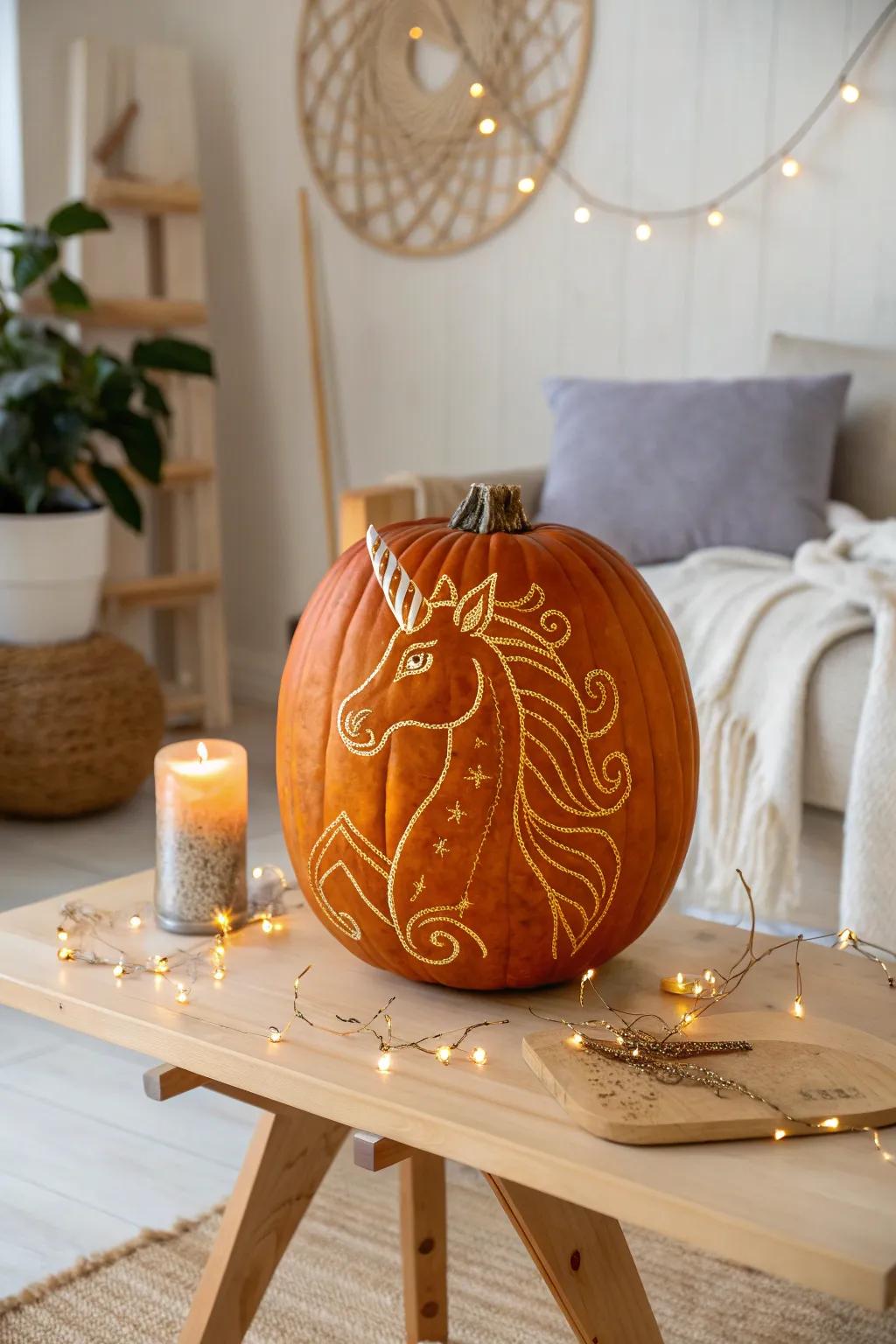 Enchant your Halloween with a mystical unicorn pumpkin carving, blending Scandinavian minimalism with a touch of Boho magic.