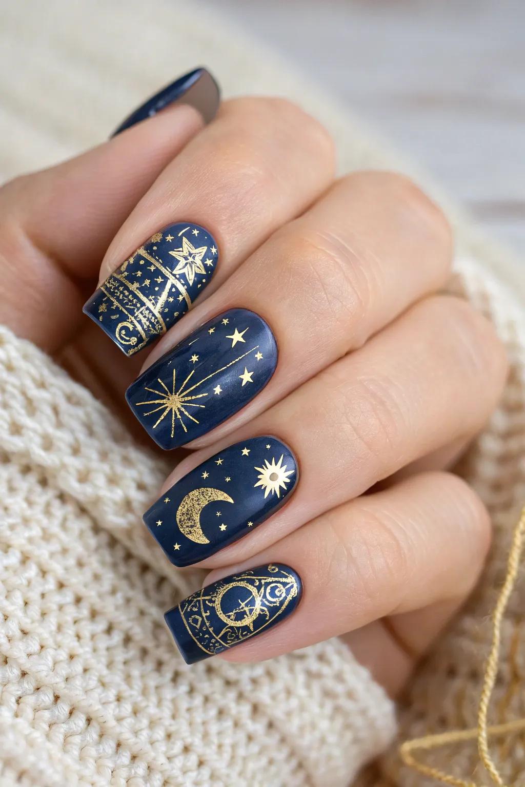 Embrace the mystical with enchanting tarot and astrology nail art.