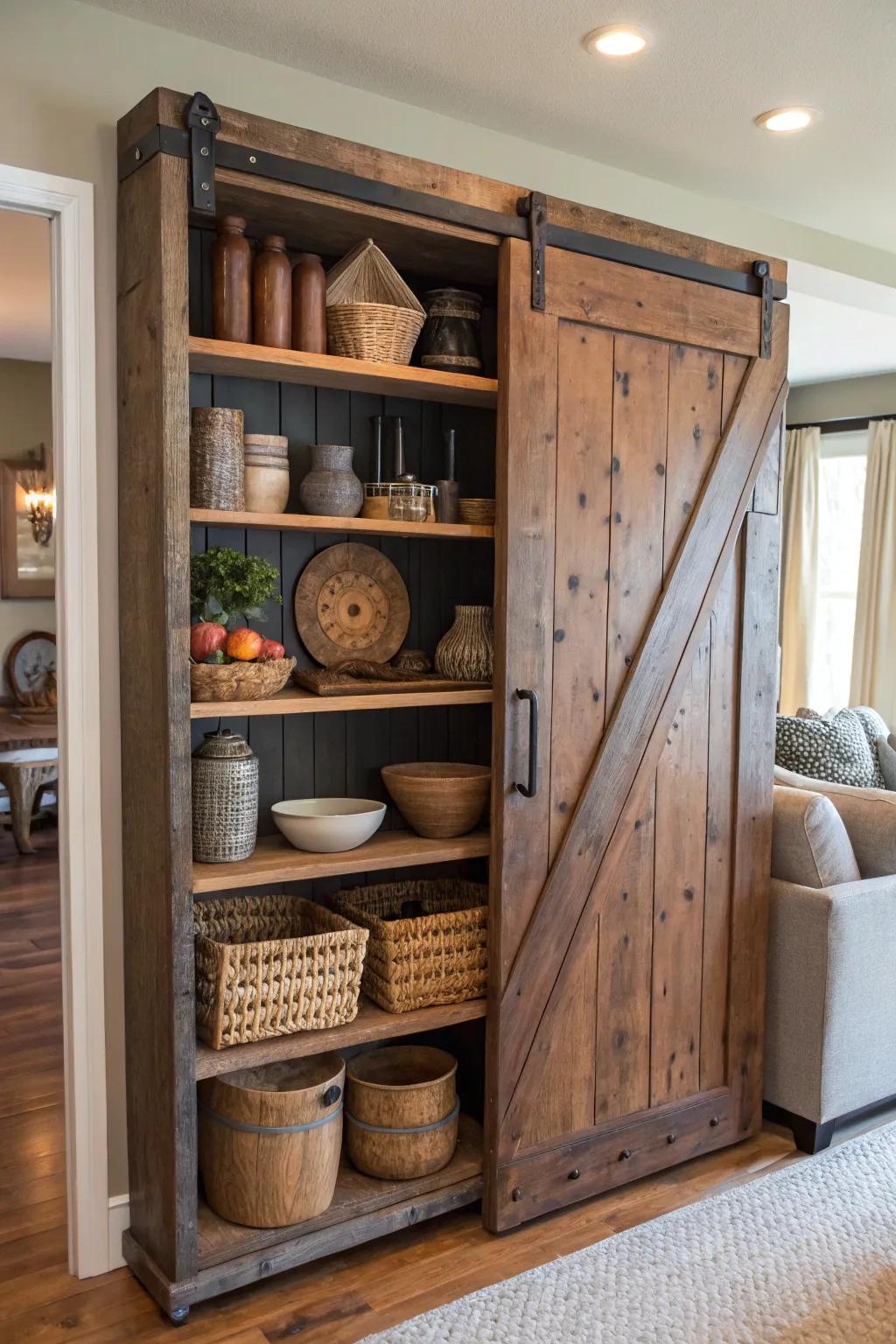 Sliding barn doors add rustic charm and functionality.