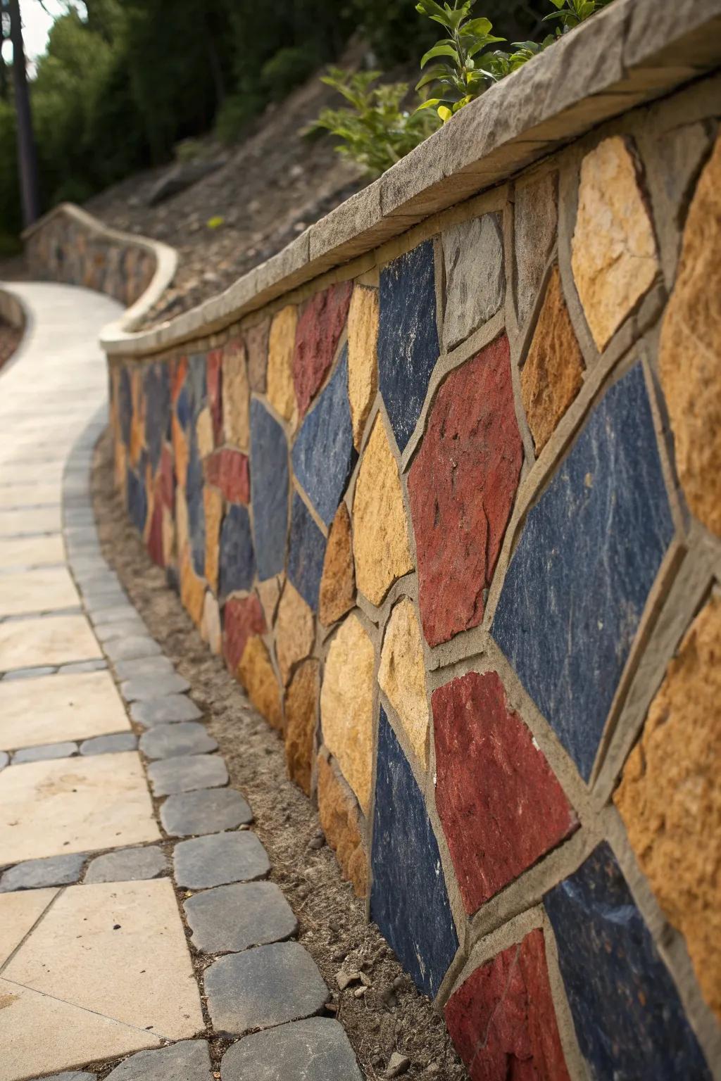 Transform your outdoor space with a stunning mosaic stone wall—where craftsmanship meets art.