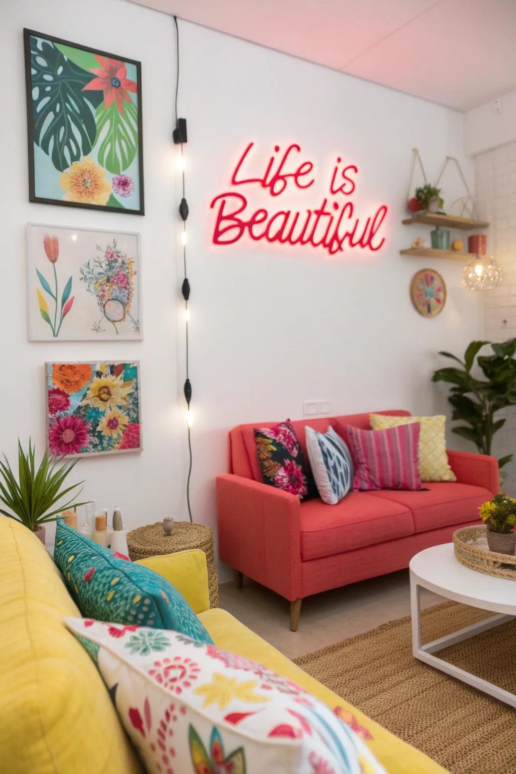 A bright living room with a 'Life is Beautiful' neon sign.