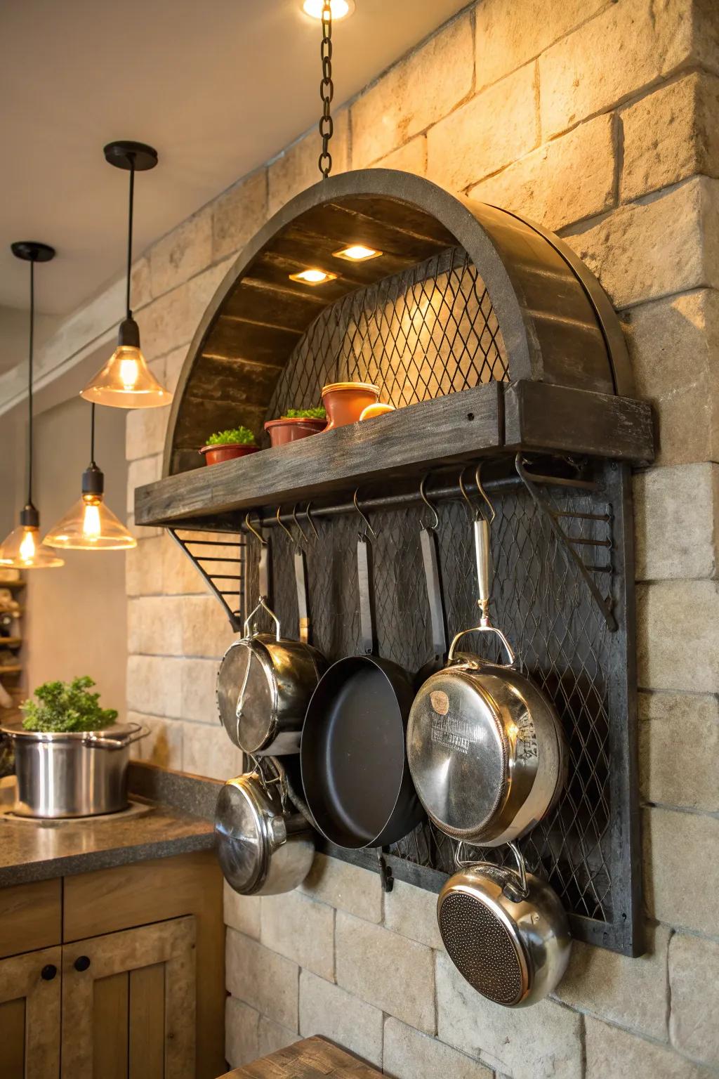 Transform your space with industrial flair: Repurpose your old grill into a stylish pot rack.