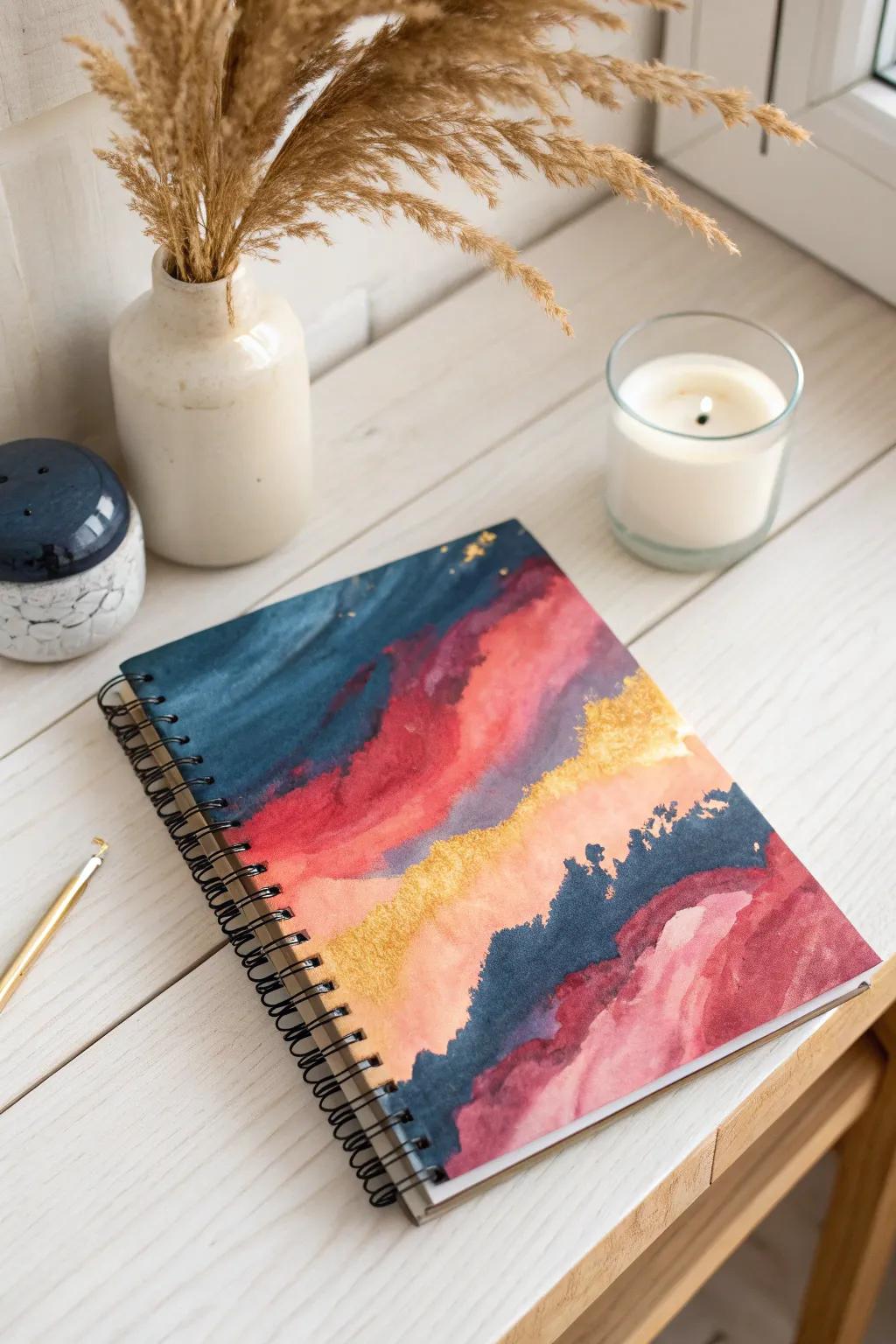 Embrace the beauty of abstract watercolor on your notebook cover – where bold hues meet minimalist elegance.