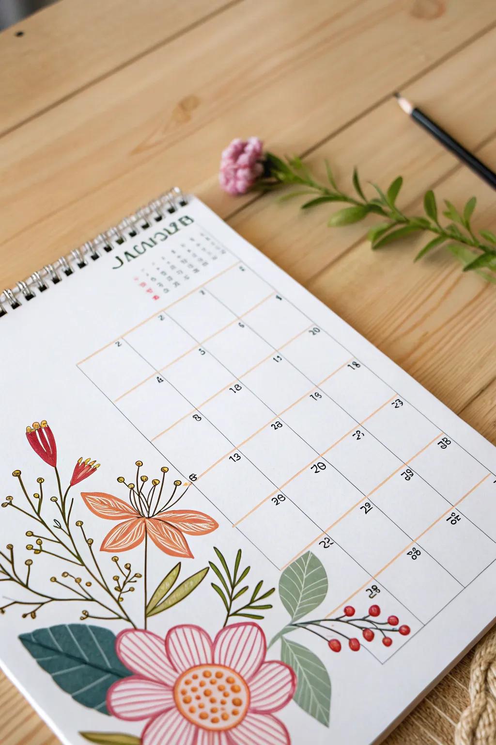 Bring a touch of art to your week with unique chalk designs on your minimalist calendar.
