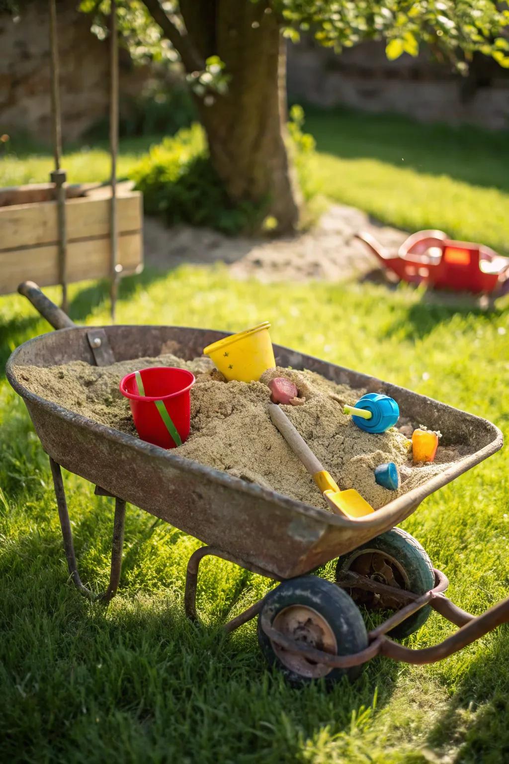 Transform a vintage wheelbarrow into a charming sandbox for endless garden adventures.
