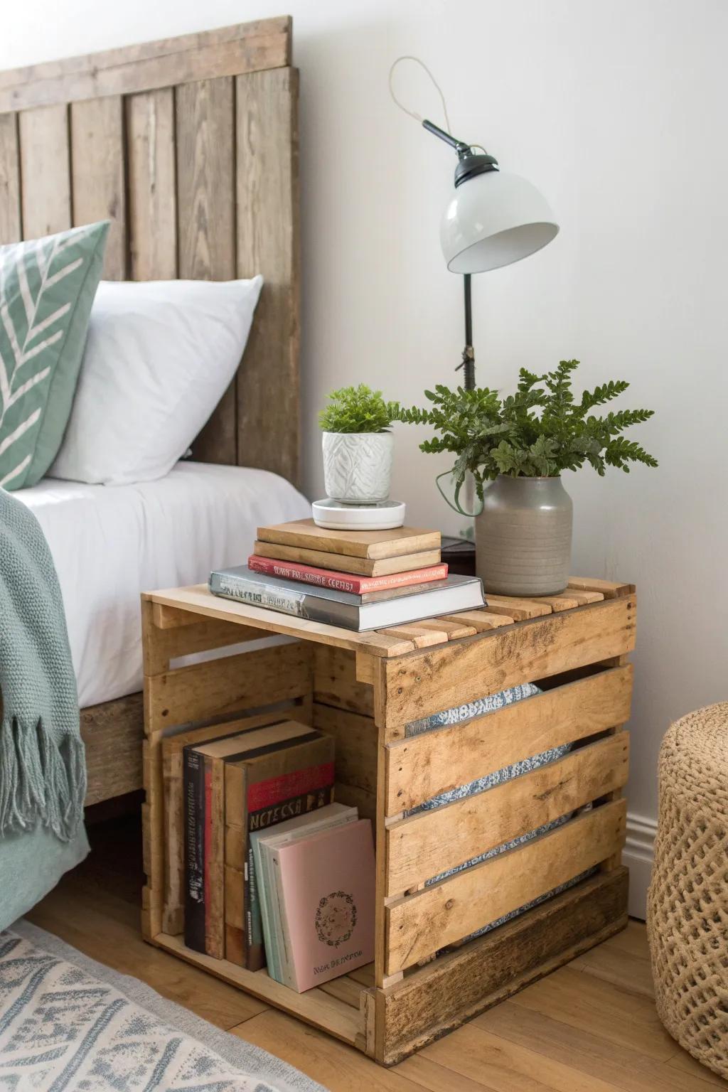 Transform your bedroom with a rustic wooden crate nightstand, blending minimalist charm with boho elegance.