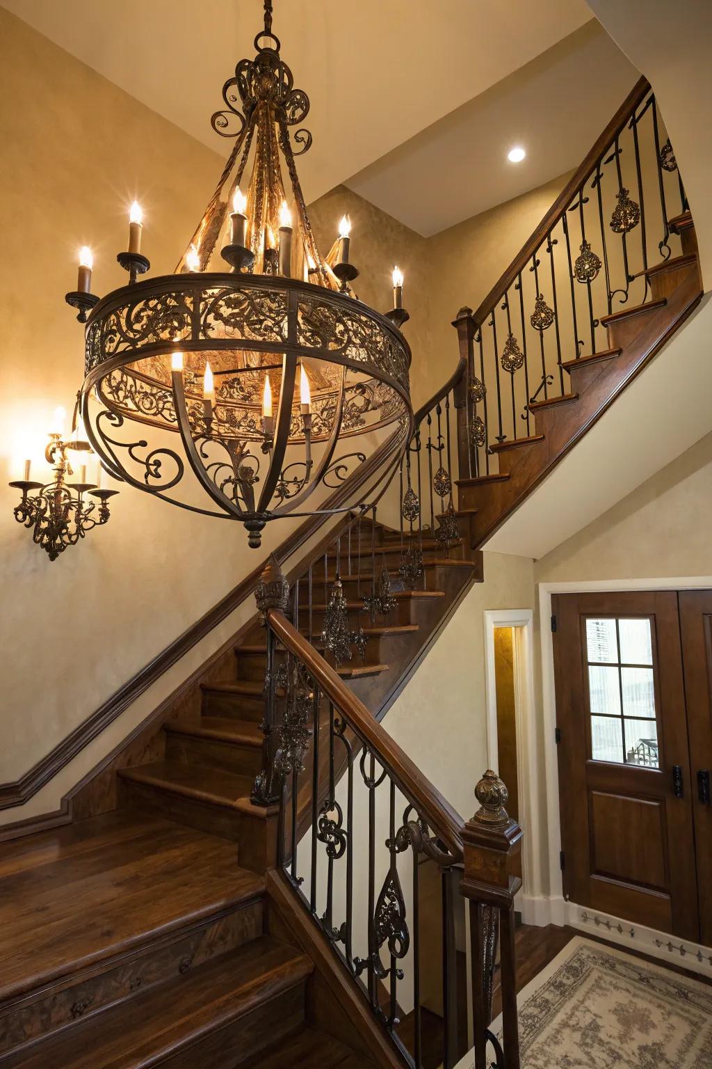 Illuminate your space with craftsmanship - let a statement chandelier transform your basement stairs.