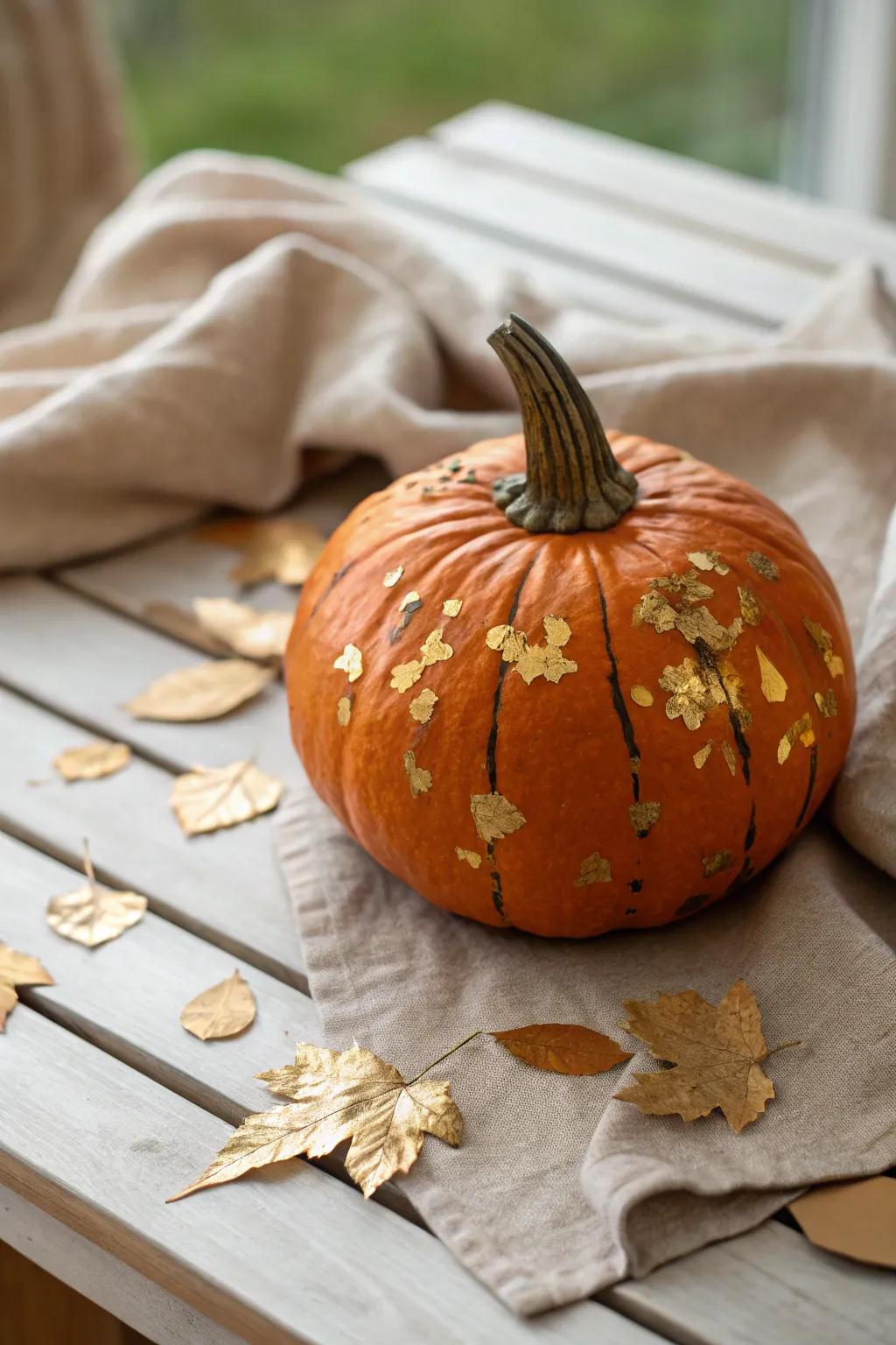 Transform your autumn decor with this stunning orange pumpkin adorned with gold leaf accents. A perfect blend of elegance and simplicity that catches the eye and the light.