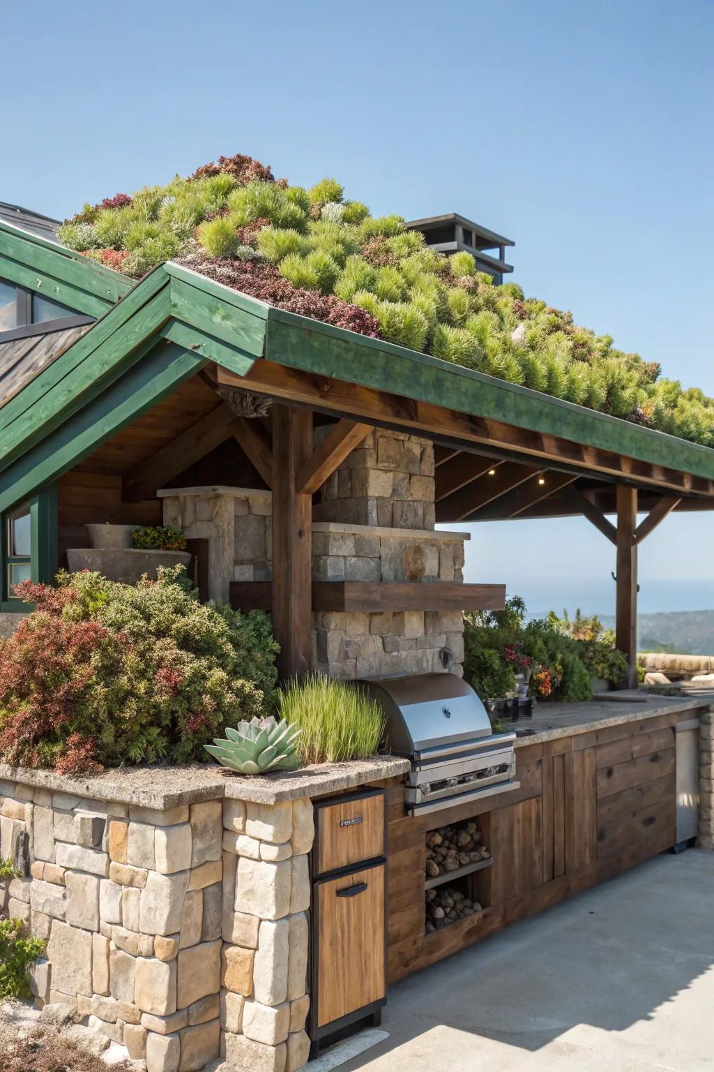 Elevate your outdoor kitchen with a stunning, low-maintenance succulent green roof.