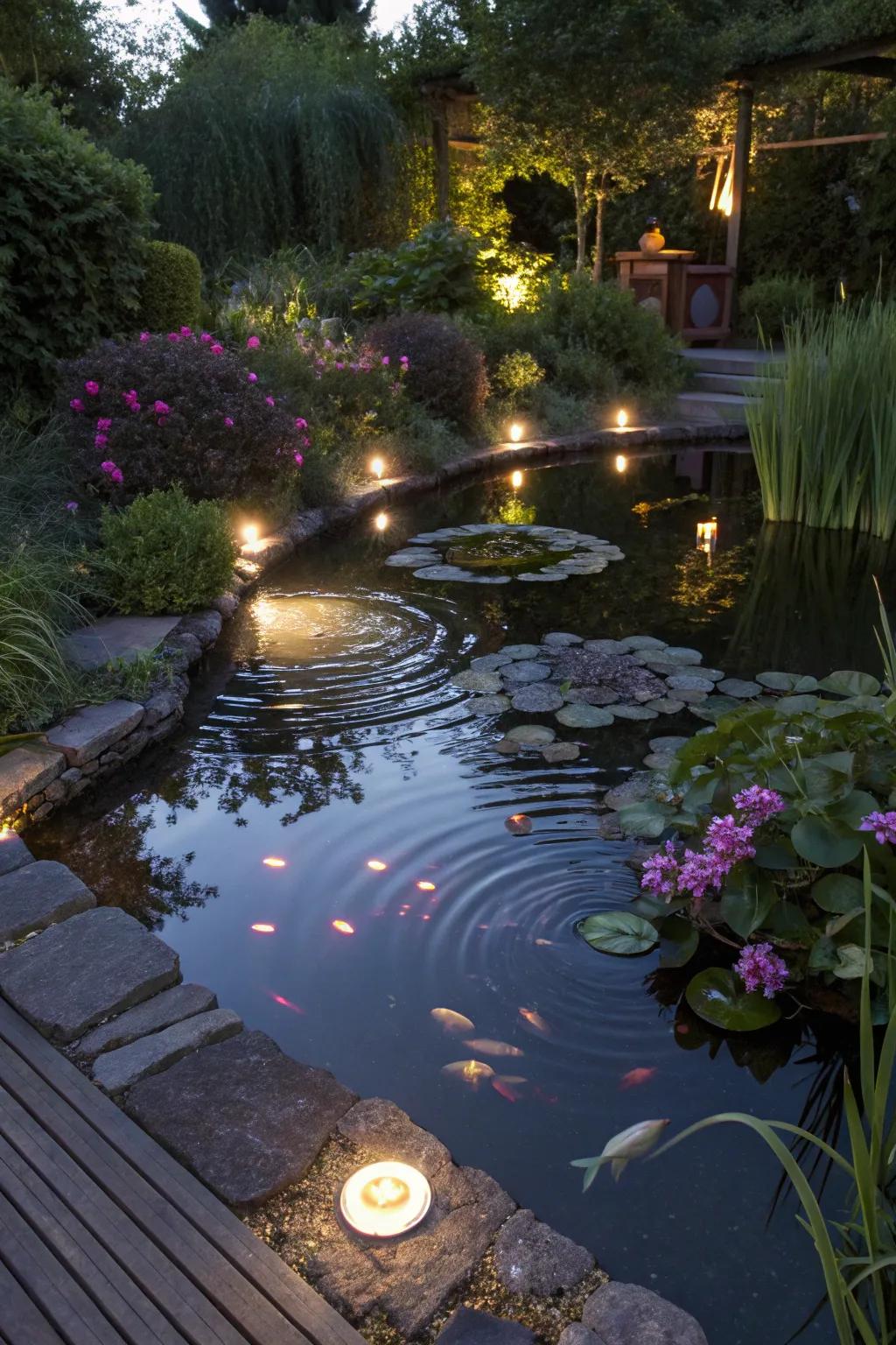 Illuminated water features add tranquility and elegance.