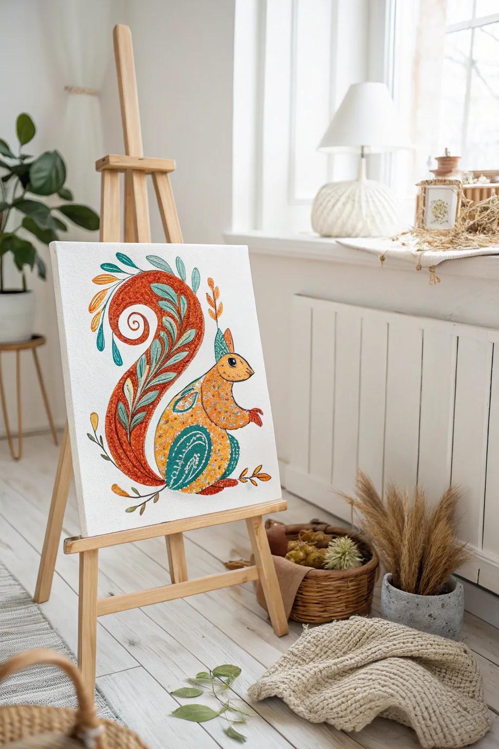 Capture the playful charm of wildlife with a bold, boho-inspired squirrel painting that brings a pop of color to minimalist decor.