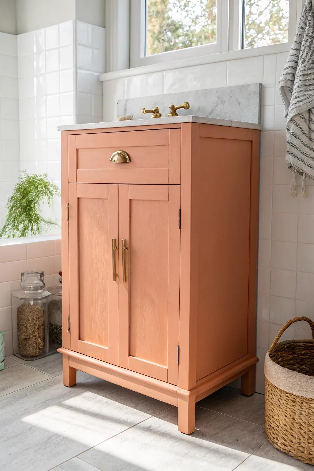 Transform your bathroom into a cozy retreat with the inviting warmth of peach cabinets.