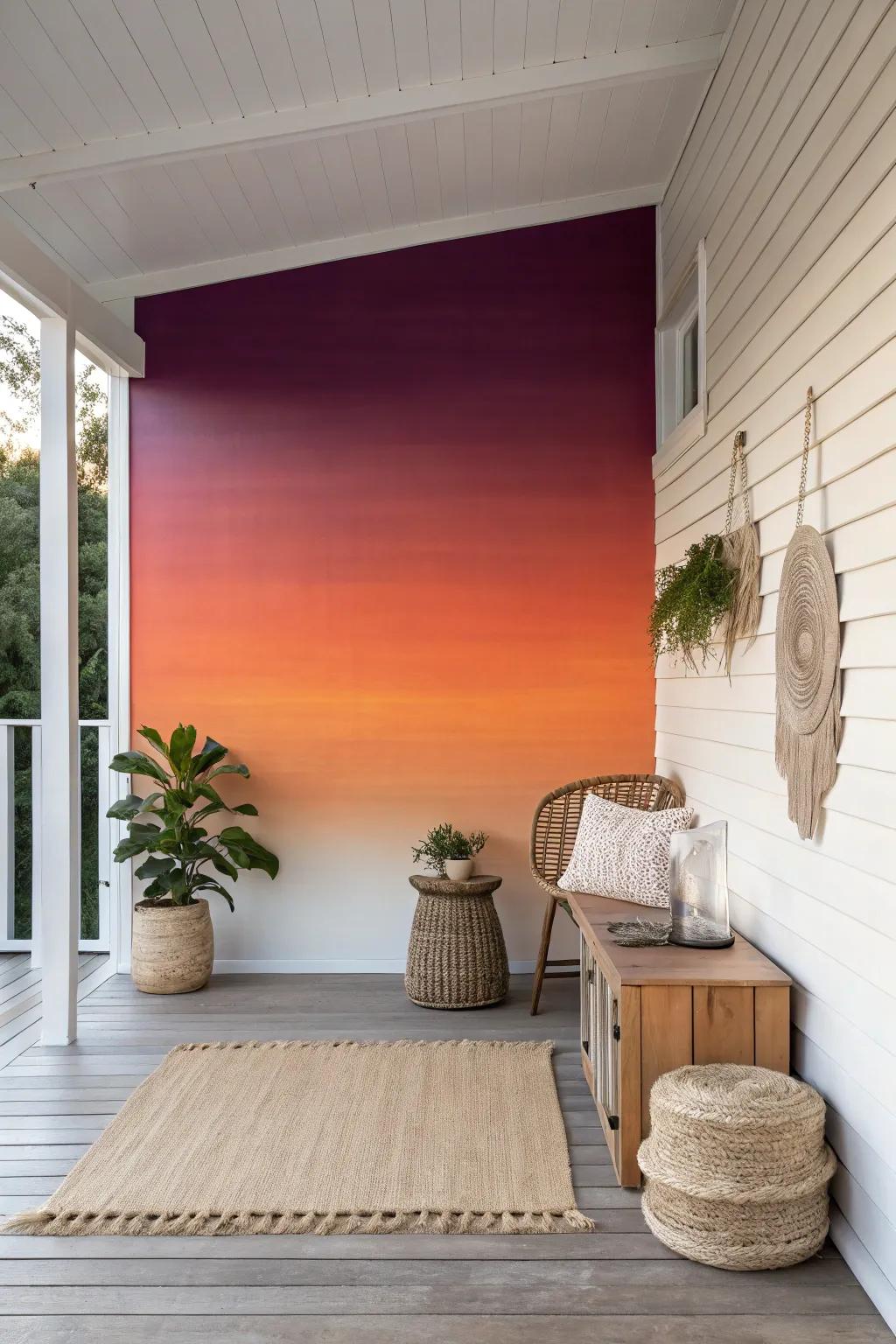 Capture the beauty of a sunset right on your porch with a stunning gradient wall. #ScandinavianBoho #PorchInspiration
