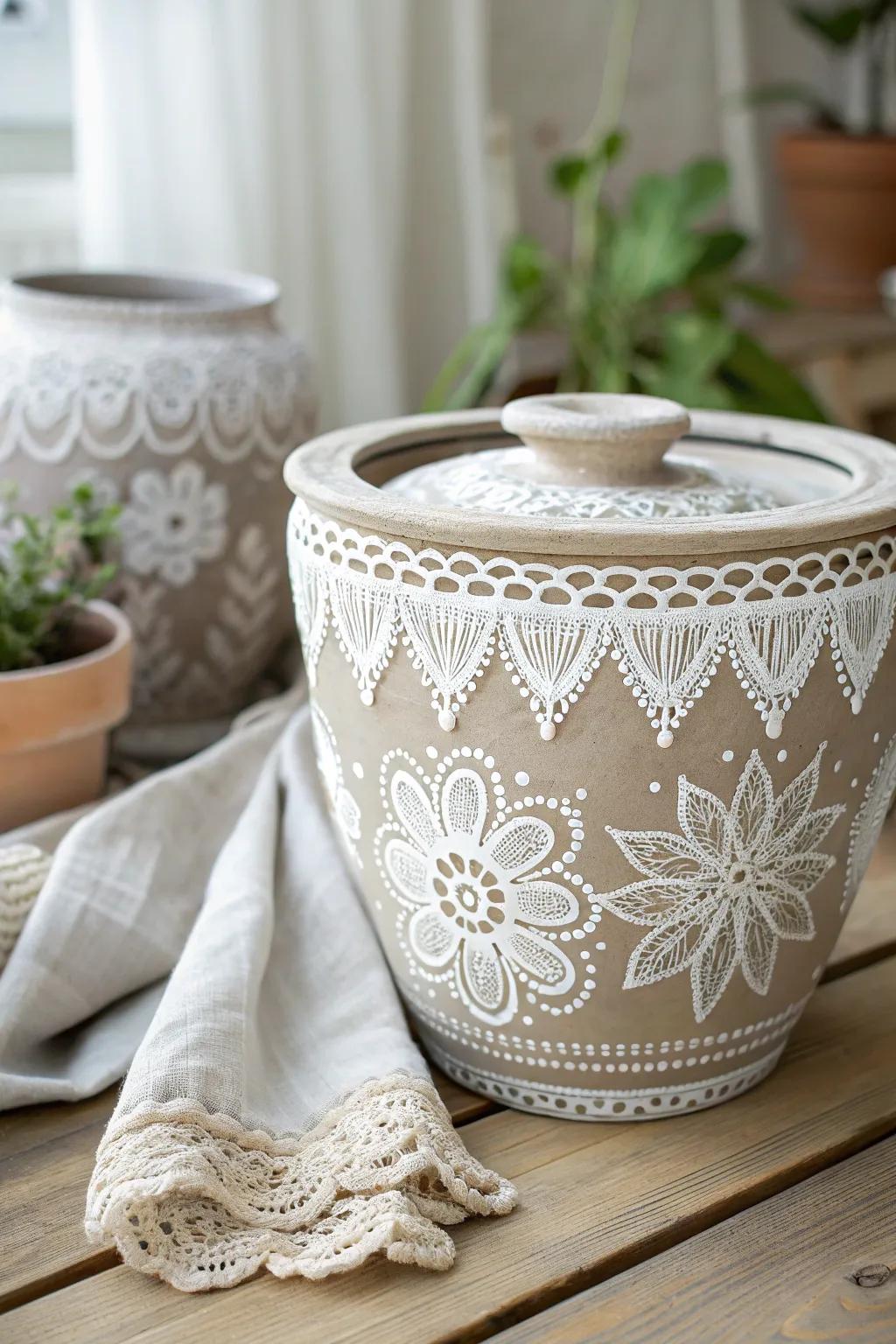 Elevate your decor with the timeless elegance of lace patterns on handcrafted pottery.