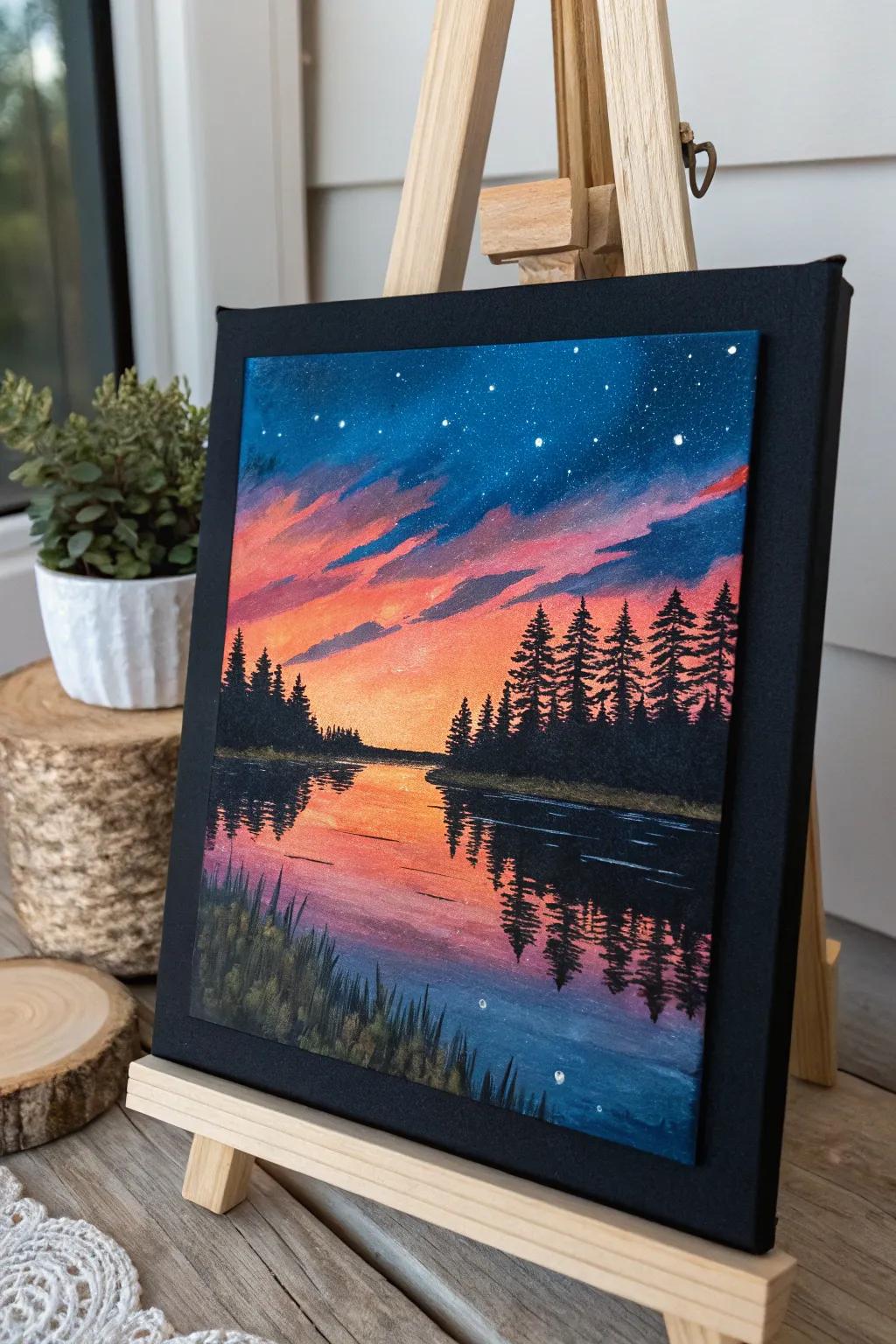 Dive into serenity with reflective waters painted on a black canvas, where minimalist beauty meets bold colors.