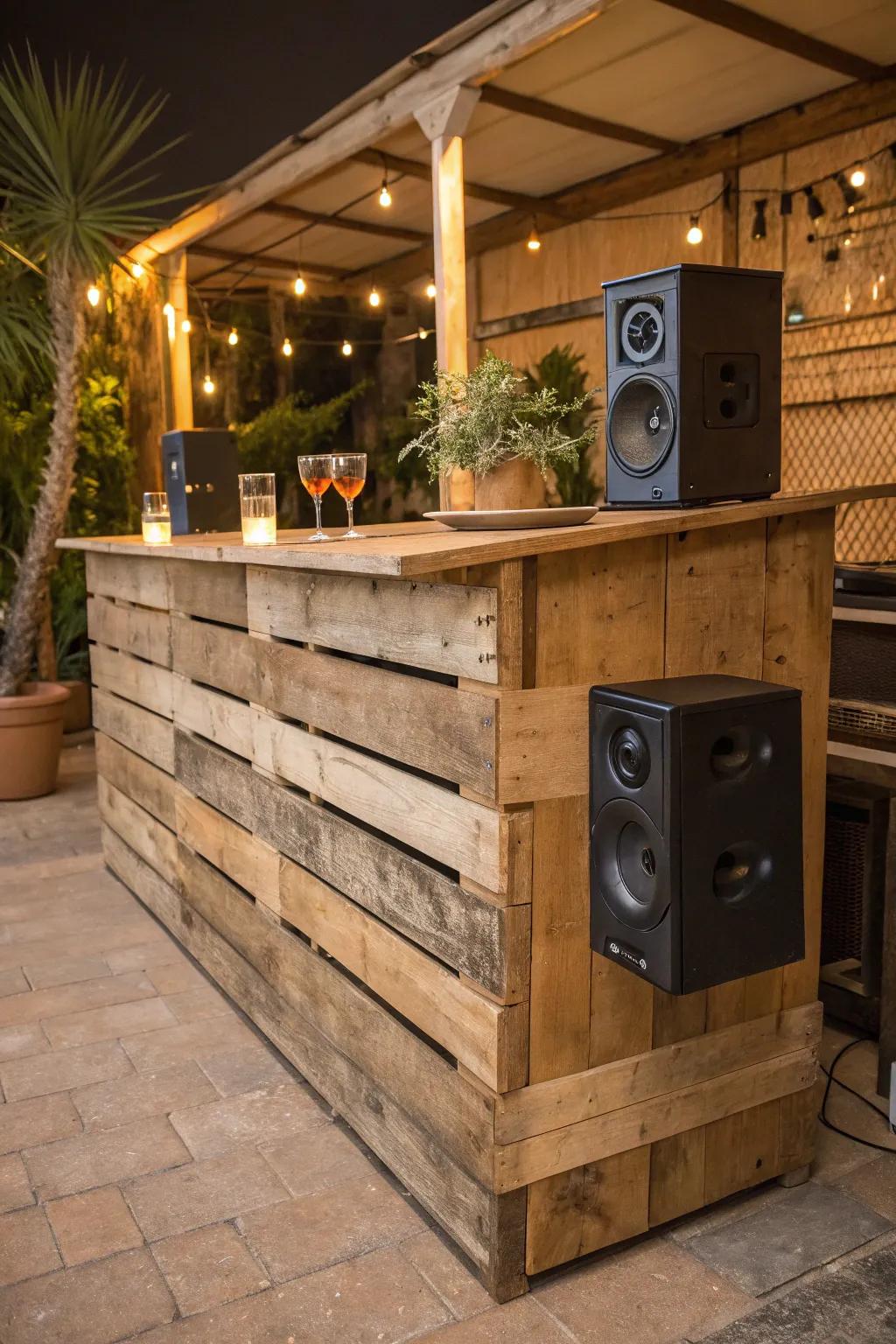 Elevate your gatherings with a rustic pallet bar that brings the music to you.