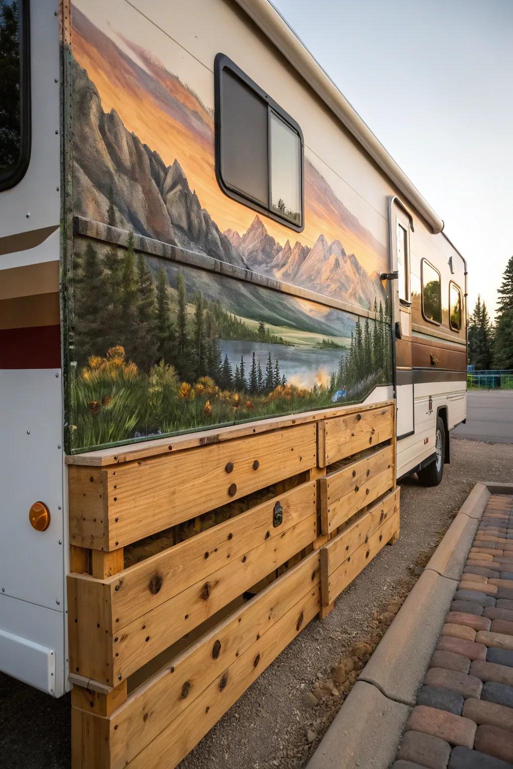 Transform your RV with artistic pallet skirting—where craftsmanship meets creativity.