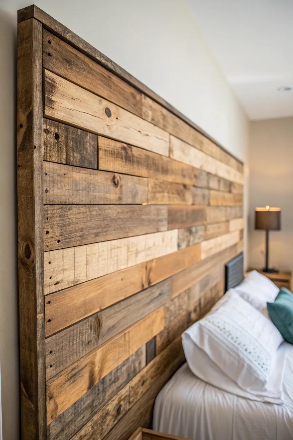 Transform your bedroom with a stunning pallet headboard that exudes rustic charm and craftsmanship.