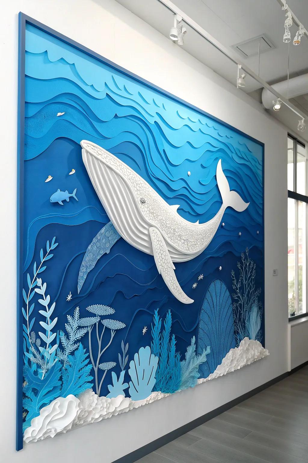 Immerse yourself in the beauty of handcrafted paper art with this stunning whale collage, bringing a splash of oceanic wonder to any room.