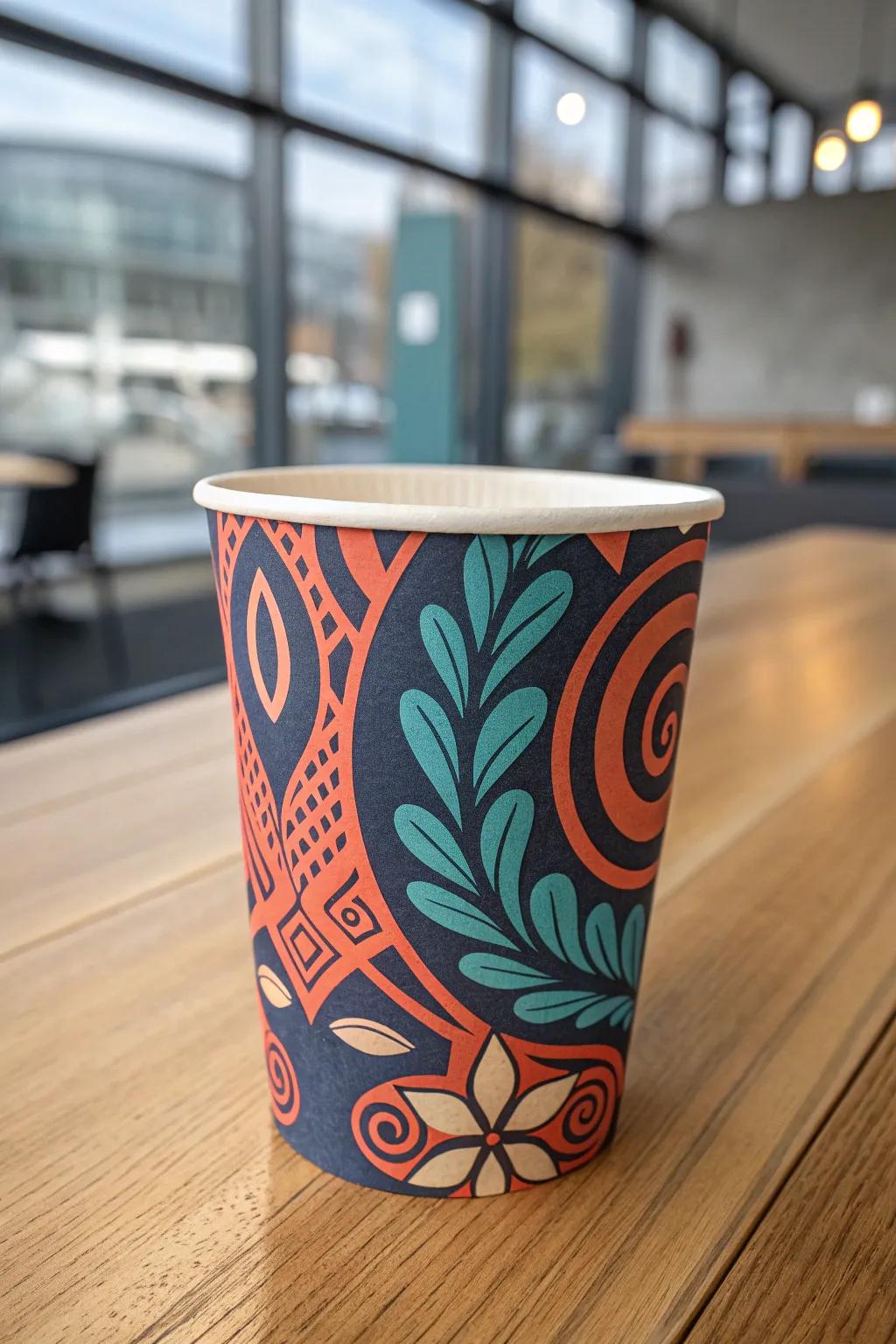 Embrace the art of abstract expression with this uniquely designed paper cup, where bold colors and imaginative patterns meet minimalist elegance.