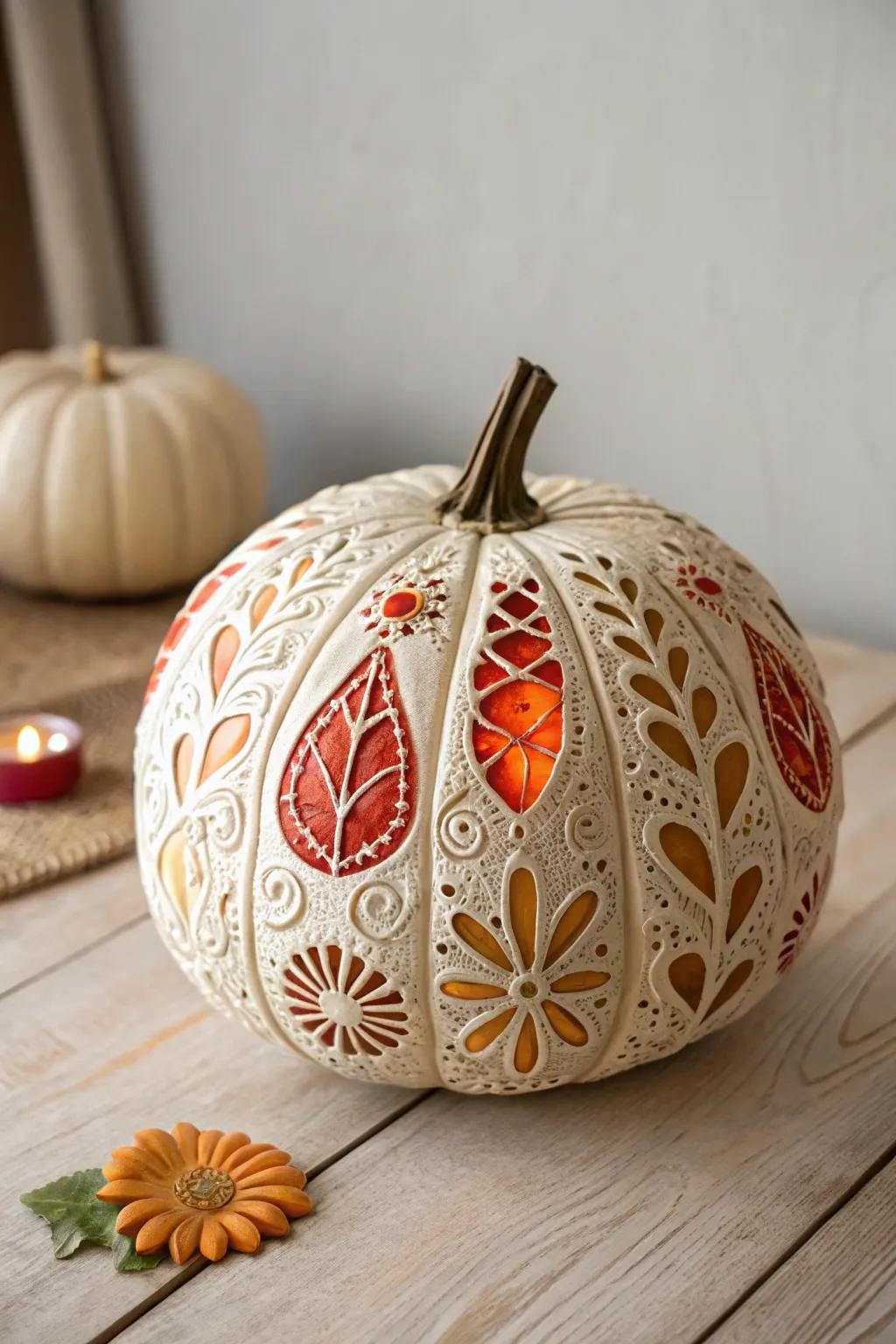 Elevate your fall decor with this stunning embossed paper mache pumpkin, where intricate design meets minimalist elegance.