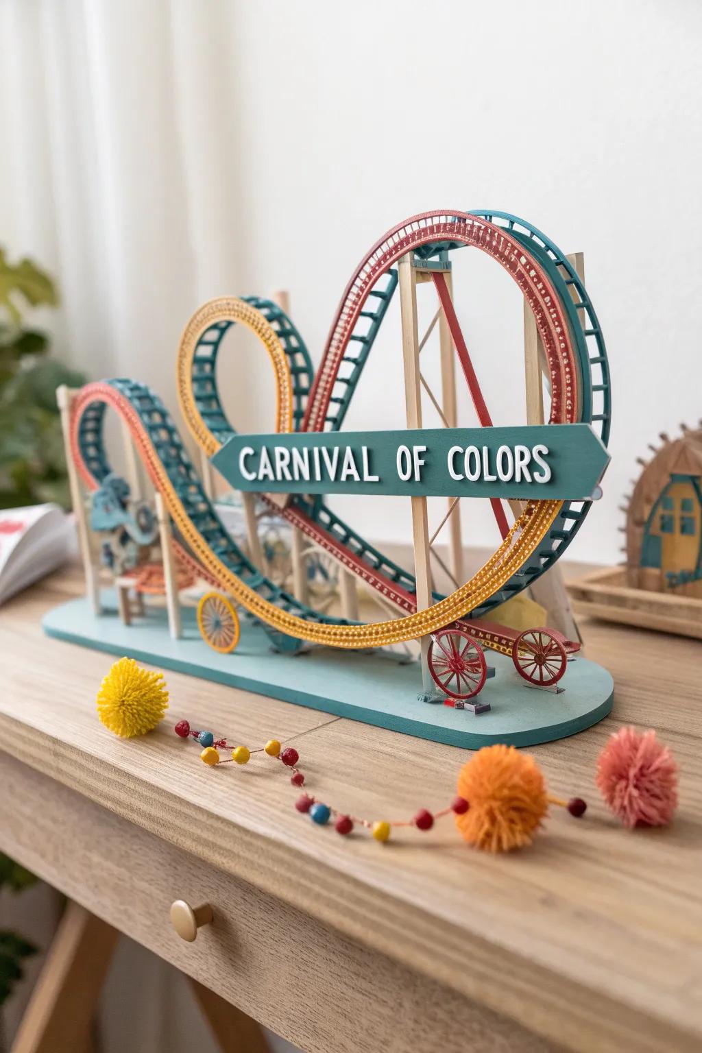Transform your tabletop into a vibrant miniature theme park with our 'Carnival of Colors' paper roller coaster!