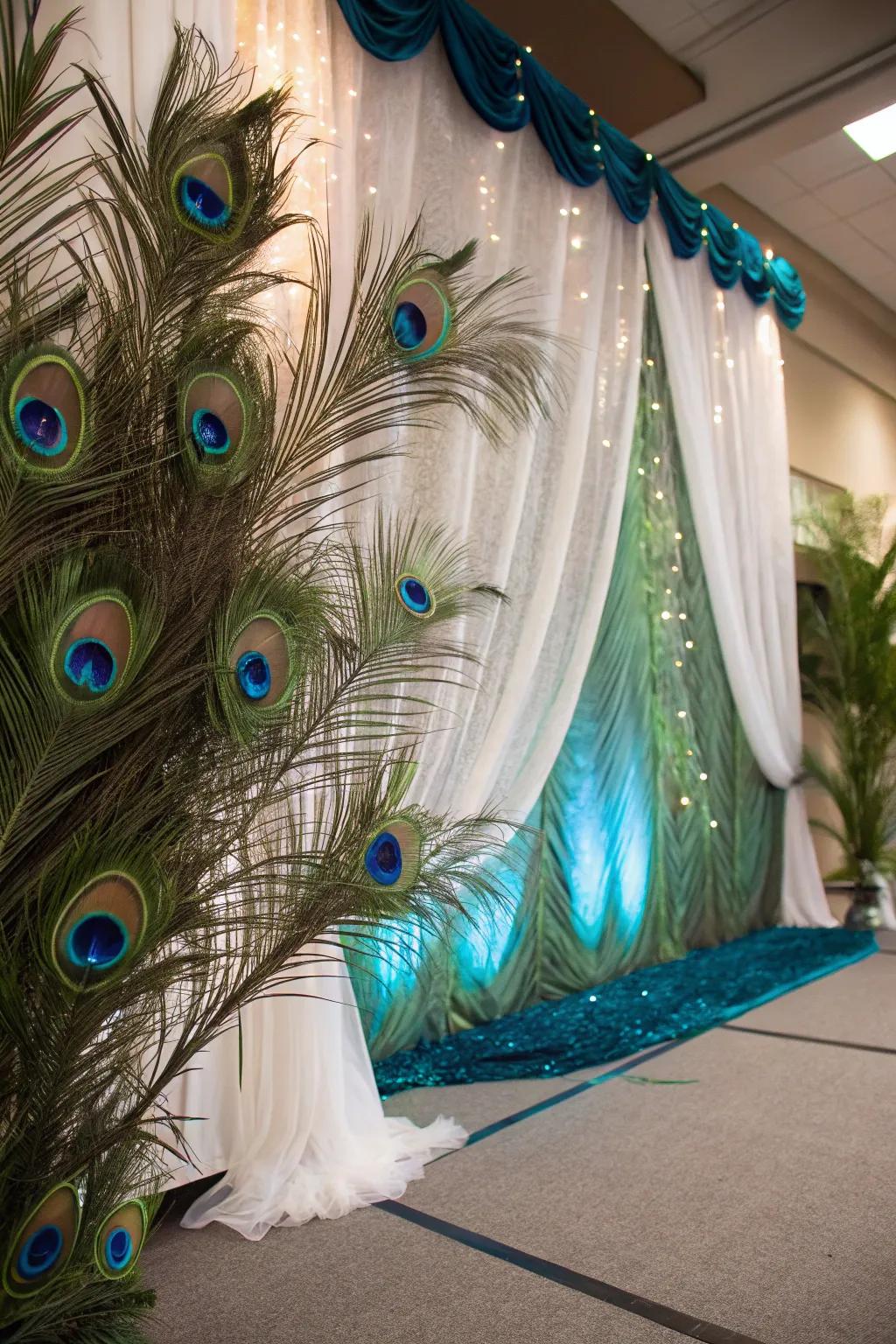 A mesmerizing photo backdrop adorned with beautiful peacock feathers.