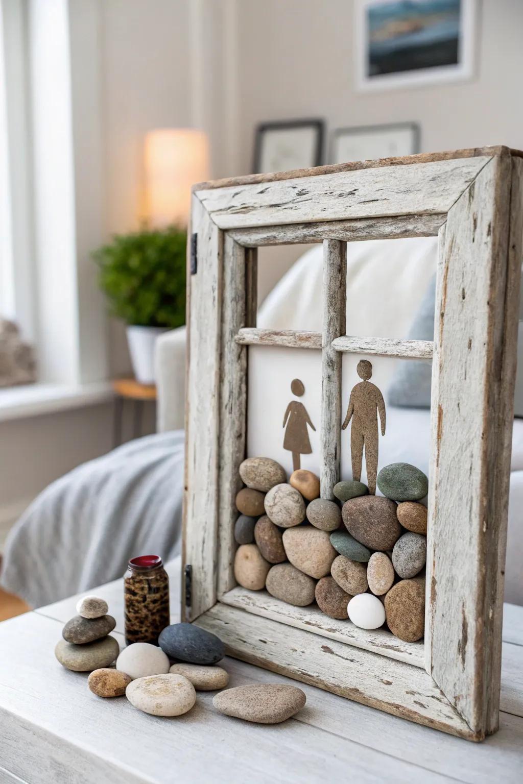 Transform your space with the unique charm of pebble art in unconventional frames. Where nature meets artistry.