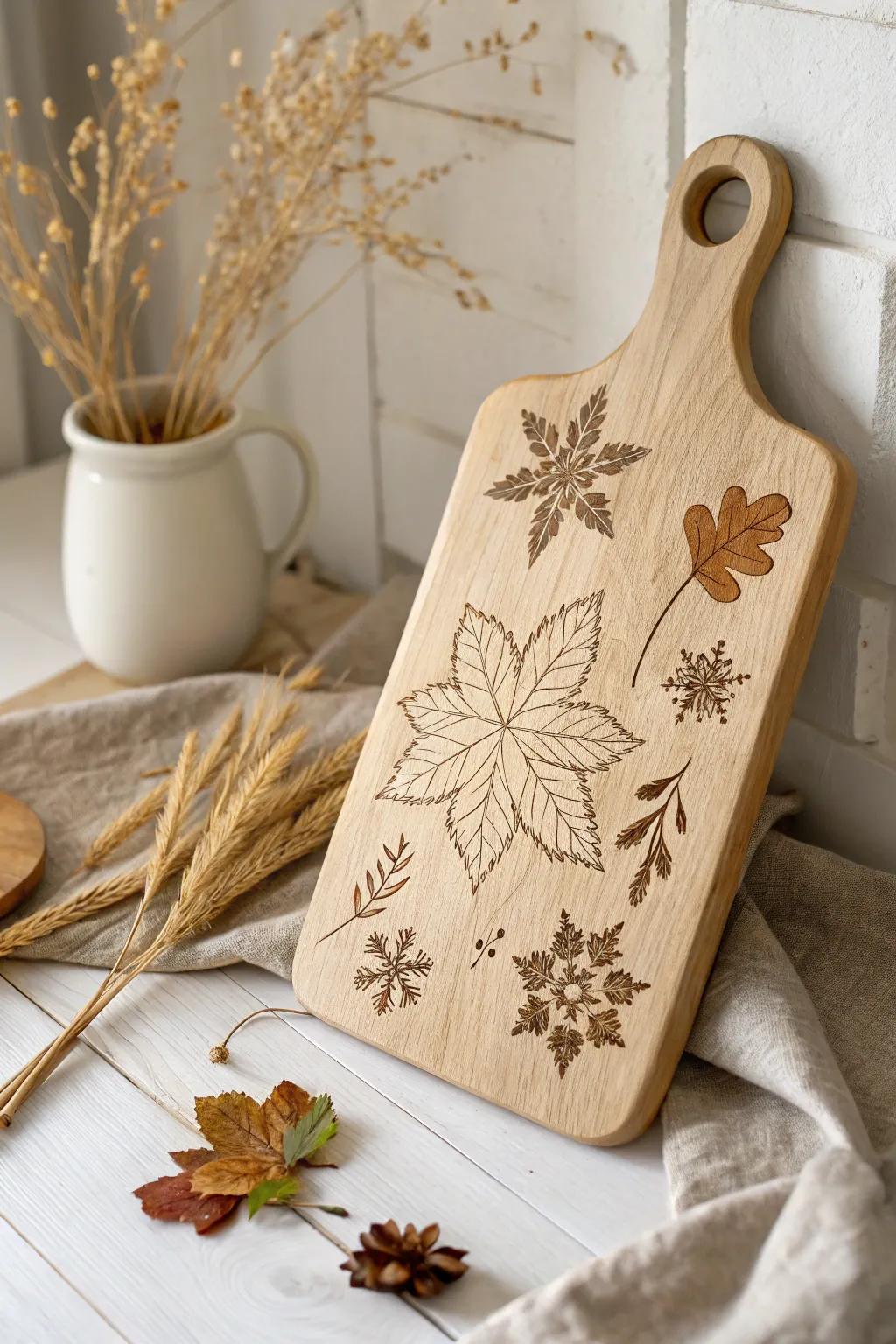 Embrace the beauty of the seasons with this exquisitely engraved cutting board, perfect for adding a touch of nature to your kitchen.