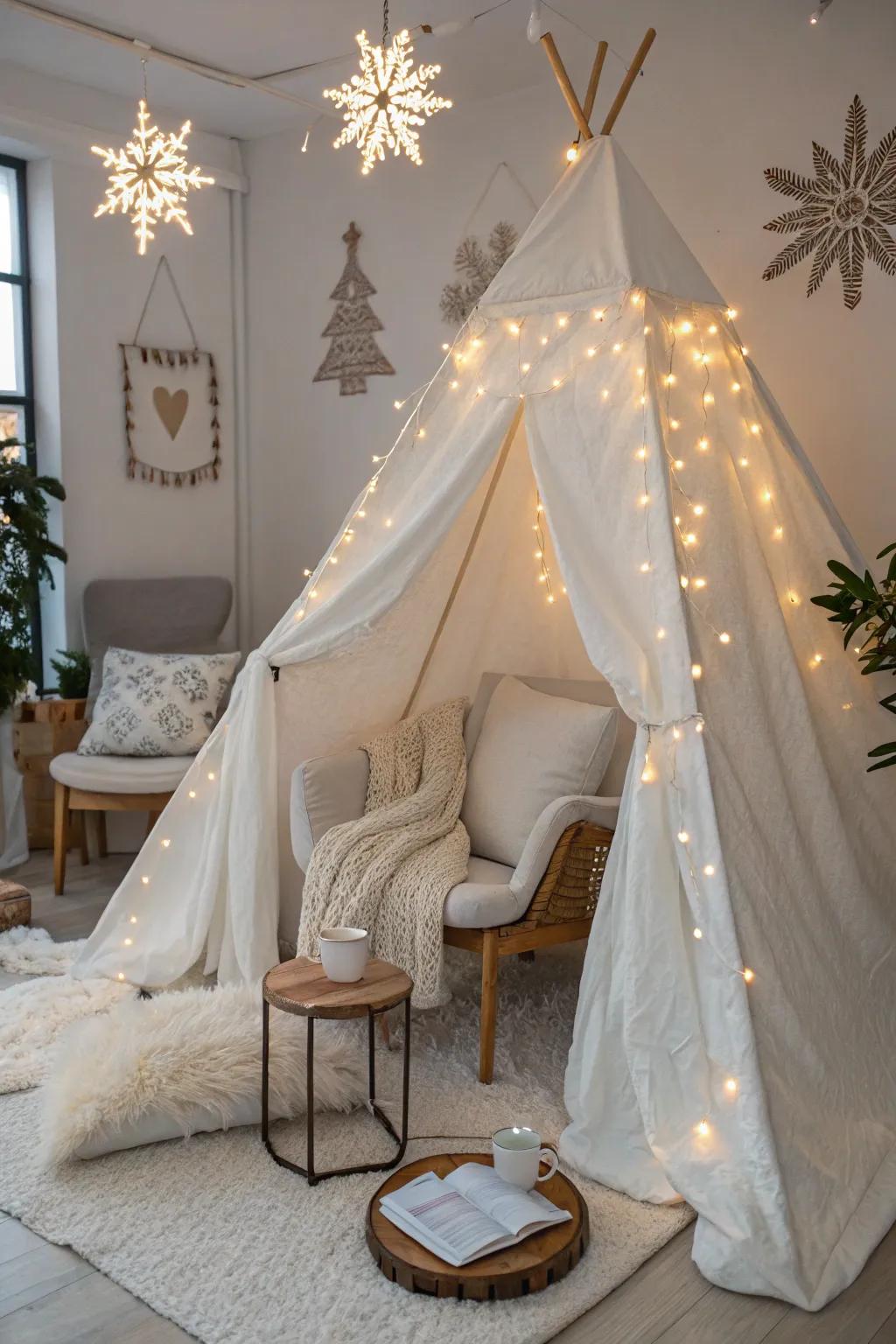 Dive into a Winter Wonderland: Cozy up with hot cocoa in a stunningly simple pillow fort paradise.