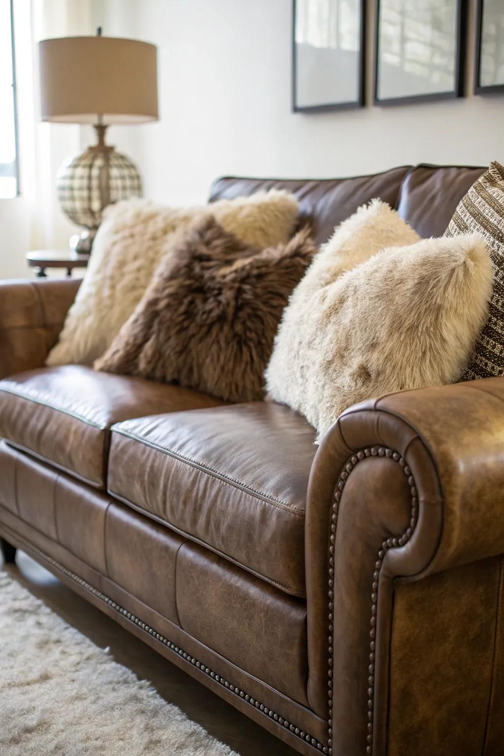 Faux fur pillows offer cozy luxury to a leather couch.