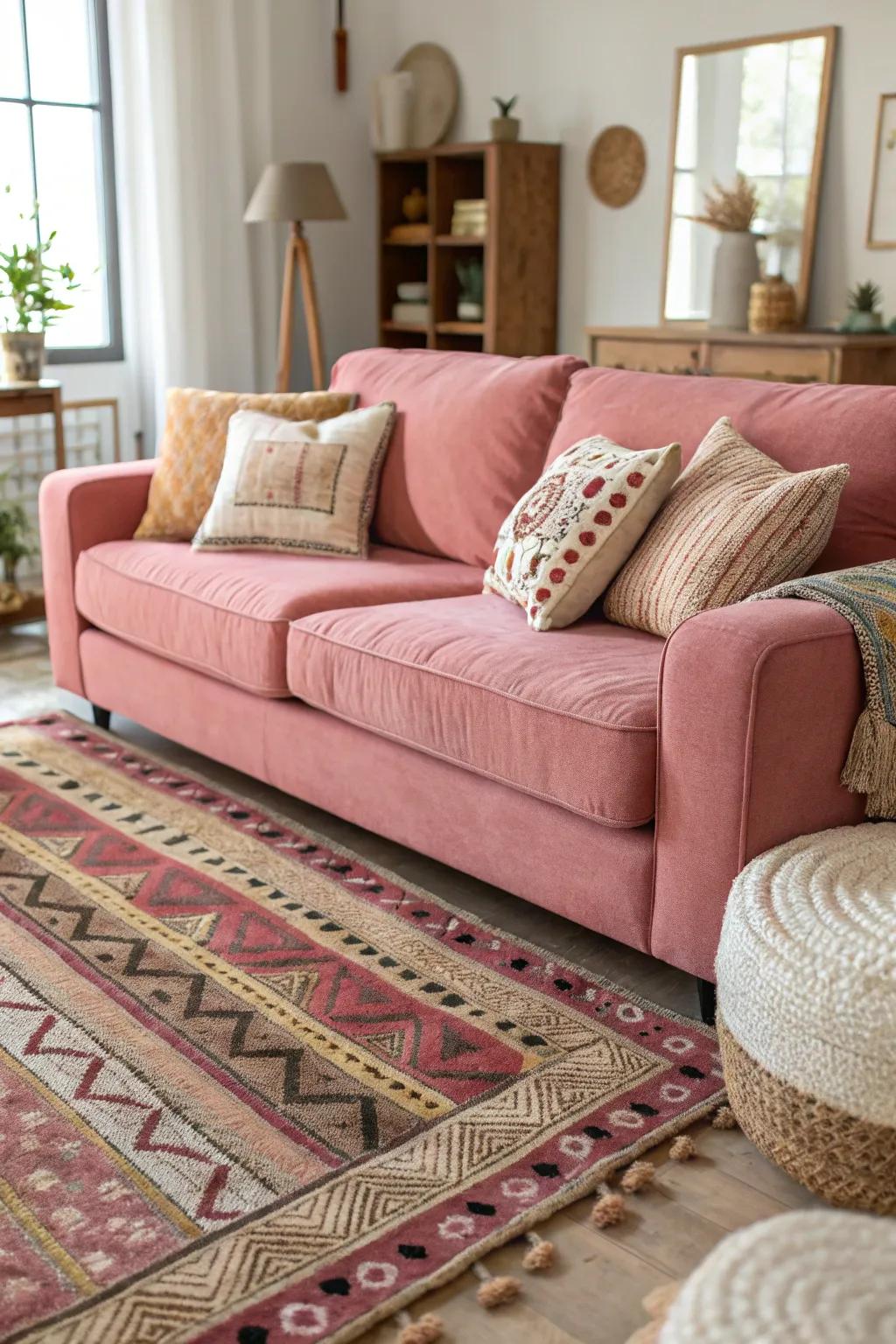 Layered rugs can add warmth and texture to a pink couch setting.
